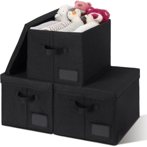 image:imageGRANNY SAYS Storage Basket with Lid Linen Fabric Storage Bins with Label Decorative Storage Boxes Clothes Storage and Organization Memory Keepsake Box 3Pack Medium KhakiampIvoryBlack