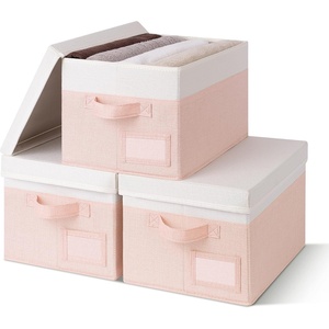image:imageGRANNY SAYS Storage Basket with Lid Linen Fabric Storage Bins with Label Decorative Storage Boxes Clothes Storage and Organization Memory Keepsake Box 3Pack Medium KhakiampIvoryWhitePink