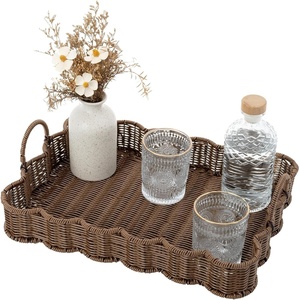 image:imageGRANNY SAYS Wicker Decorative Scalloped Trays for Home Decor Coffee Table Trays with Handles Woven Rattan Tray for Kitchen Counter Round Serving Tray Decor for Living Room and OttomanBrown