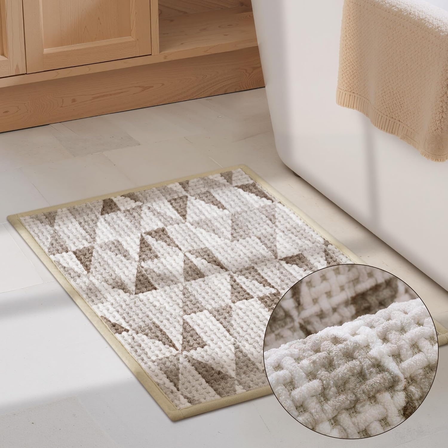 image:imageGRANNY SAYS Beige Bathroom Rugs Absorbent Bath Mats for Bathroom 24 x 16 Soft Chenille Bathroom Mat Small Bath Rugs Non Slip Washable Quick Dry Thin Rug for Tub and ShowerBeigetriangle