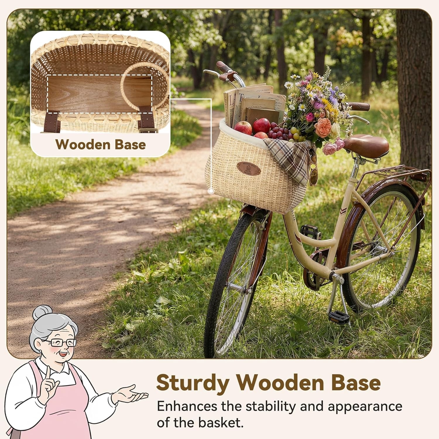 image:imageGRANNY SAYS Bike Basket Front with Cup Holder for Women and Men Natural Rattan Wicker Bike Baskets for Adult Bikes Basket for Bikes with Liner Bicycle Baskets for Beach CruiserNatural