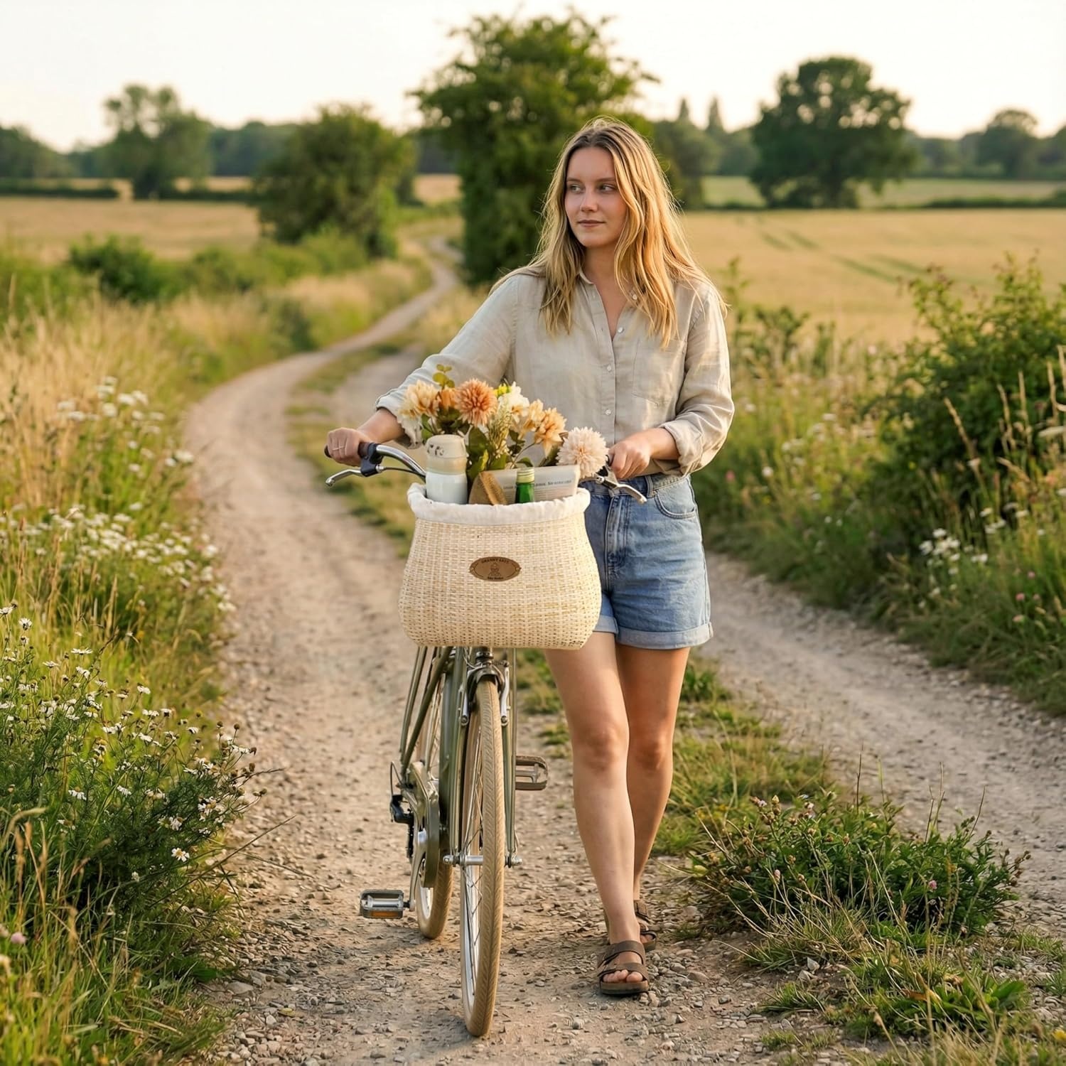 image:imageGRANNY SAYS Bike Basket Front with Cup Holder for Women and Men Natural Rattan Wicker Bike Baskets for Adult Bikes Basket for Bikes with Liner Bicycle Baskets for Beach CruiserNatural