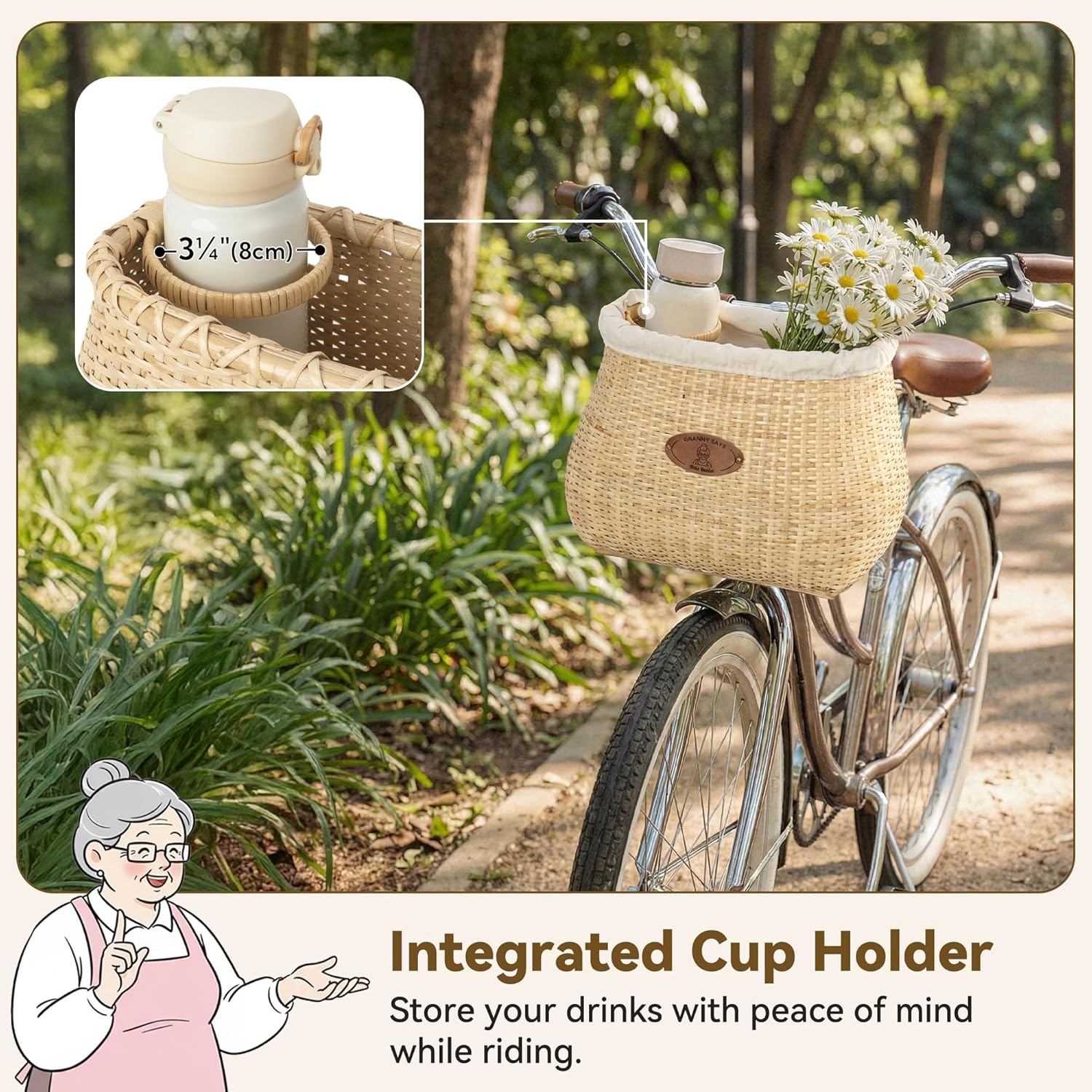 image:imageGRANNY SAYS Bike Basket Front with Cup Holder for Women and Men Natural Rattan Wicker Bike Baskets for Adult Bikes Basket for Bikes with Liner Bicycle Baskets for Beach CruiserNatural