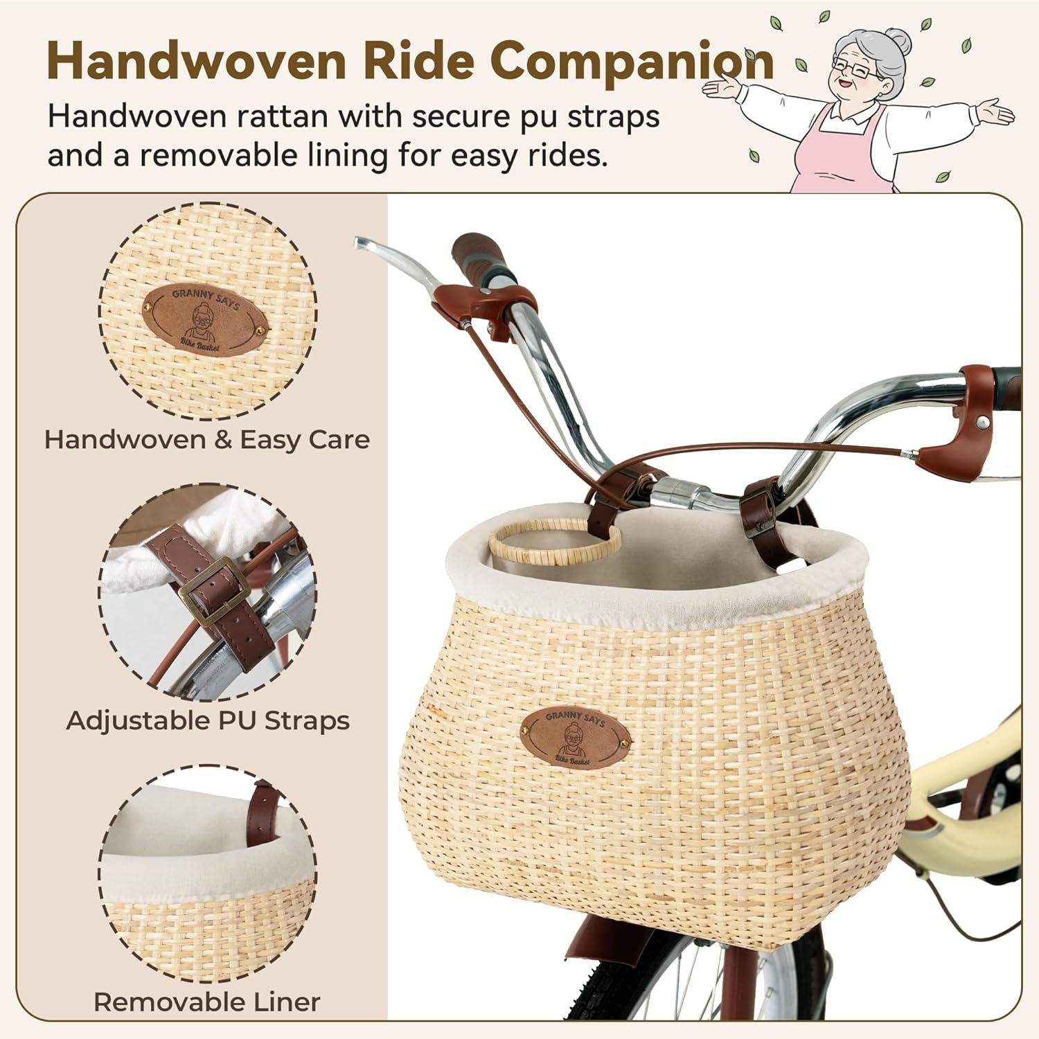 image:imageGRANNY SAYS Bike Basket Front with Cup Holder for Women and Men Natural Rattan Wicker Bike Baskets for Adult Bikes Basket for Bikes with Liner Bicycle Baskets for Beach CruiserNatural