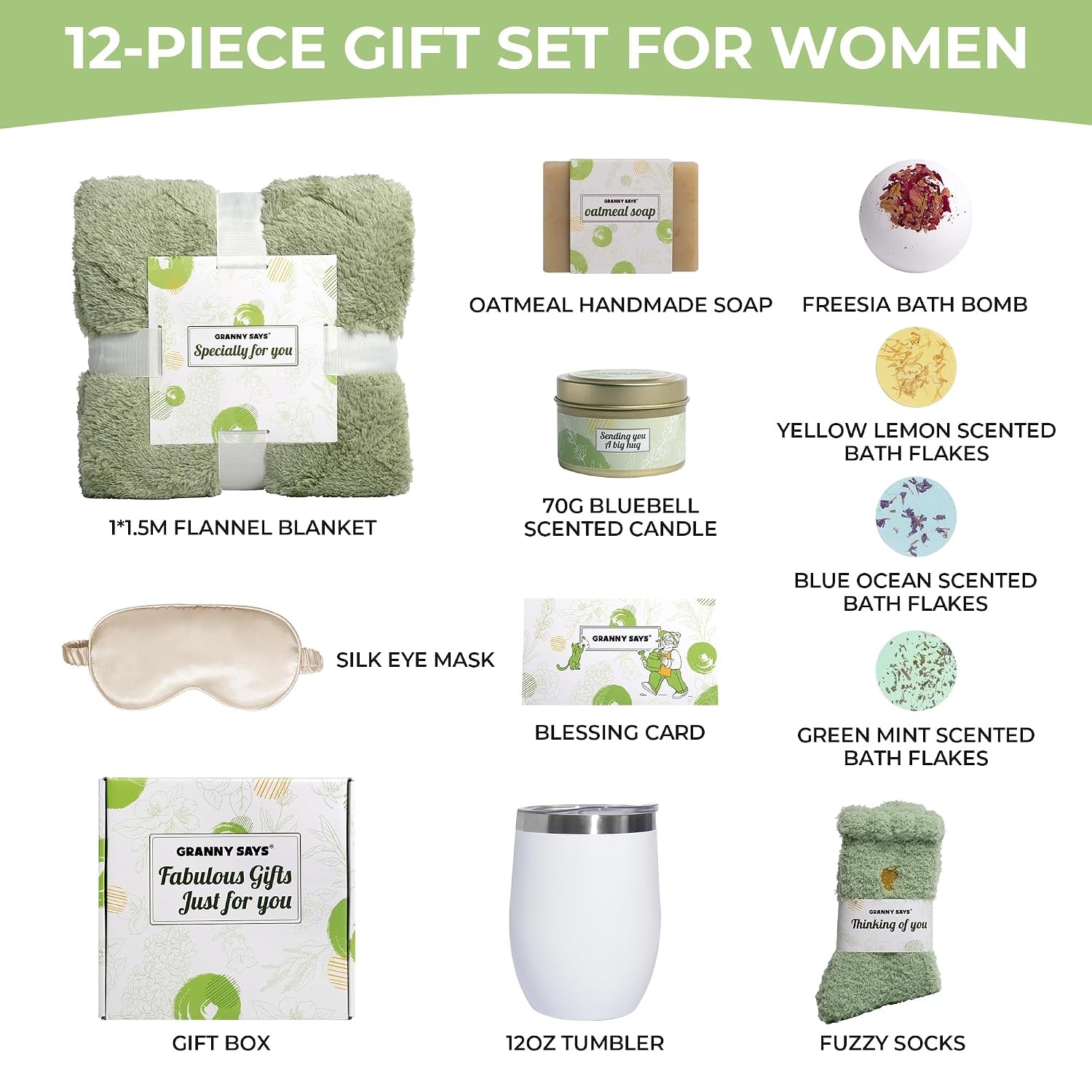 image:imageGRANNY SAYS Birthday Gifts Box for Women Unique Spa Gifts Self Care Get Well Soon Gifts for Women Care Package with Flannel Blanket for Mom Best Friends Wife Sister Green