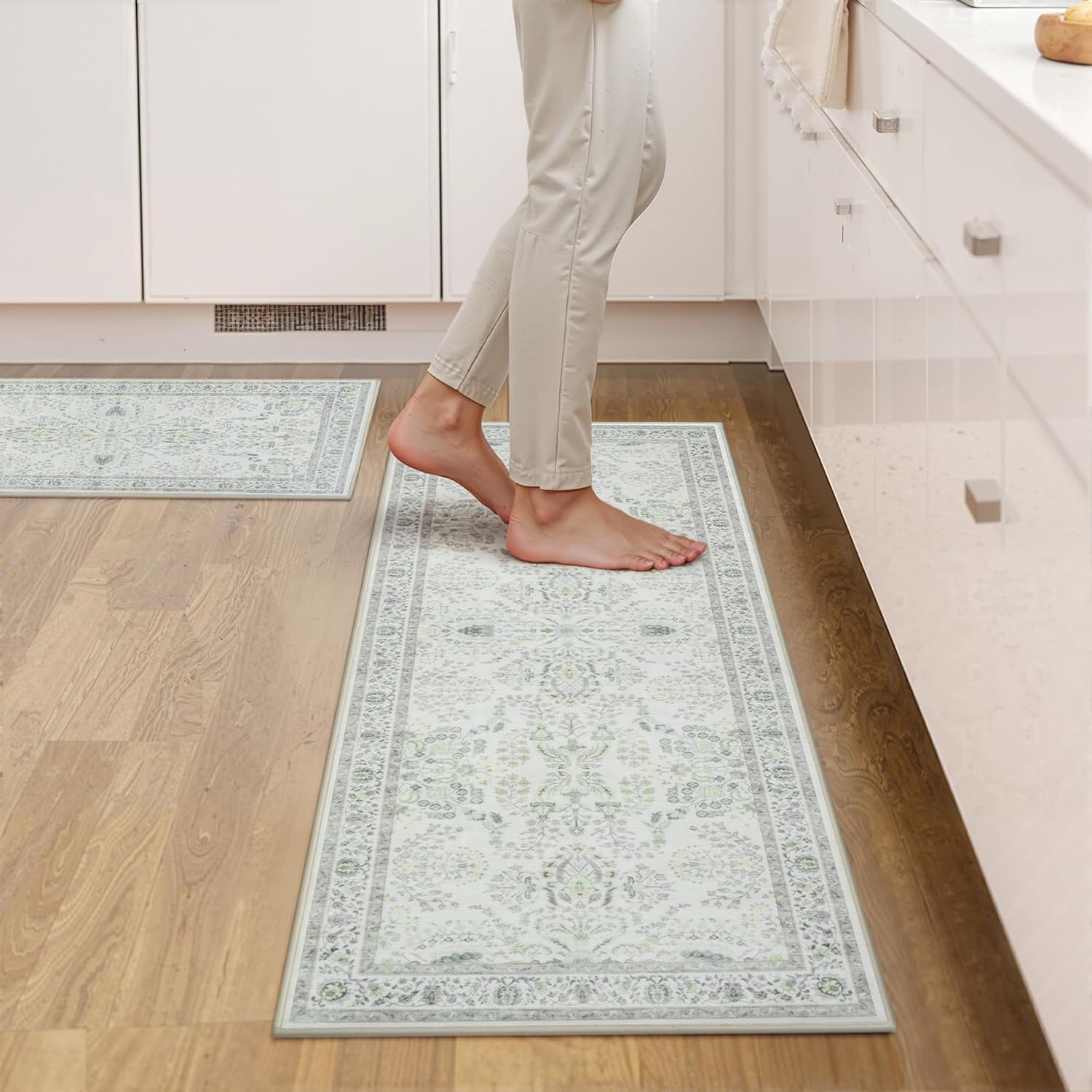 image:imageGRANNY SAYS Boho Kitchen Rug Sets of 3 Non Slip Washable Faux Wool Kitchen Mats for Floor Thick Soft AntiFatigue Comfort Standing Mat Runner Rugs for Hallway Laundry Room BeigeGreen White