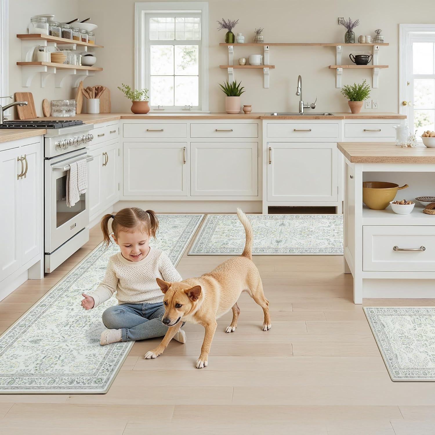 image:imageGRANNY SAYS Boho Kitchen Rug Sets of 3 Non Slip Washable Faux Wool Kitchen Mats for Floor Thick Soft AntiFatigue Comfort Standing Mat Runner Rugs for Hallway Laundry Room BeigeGreen White