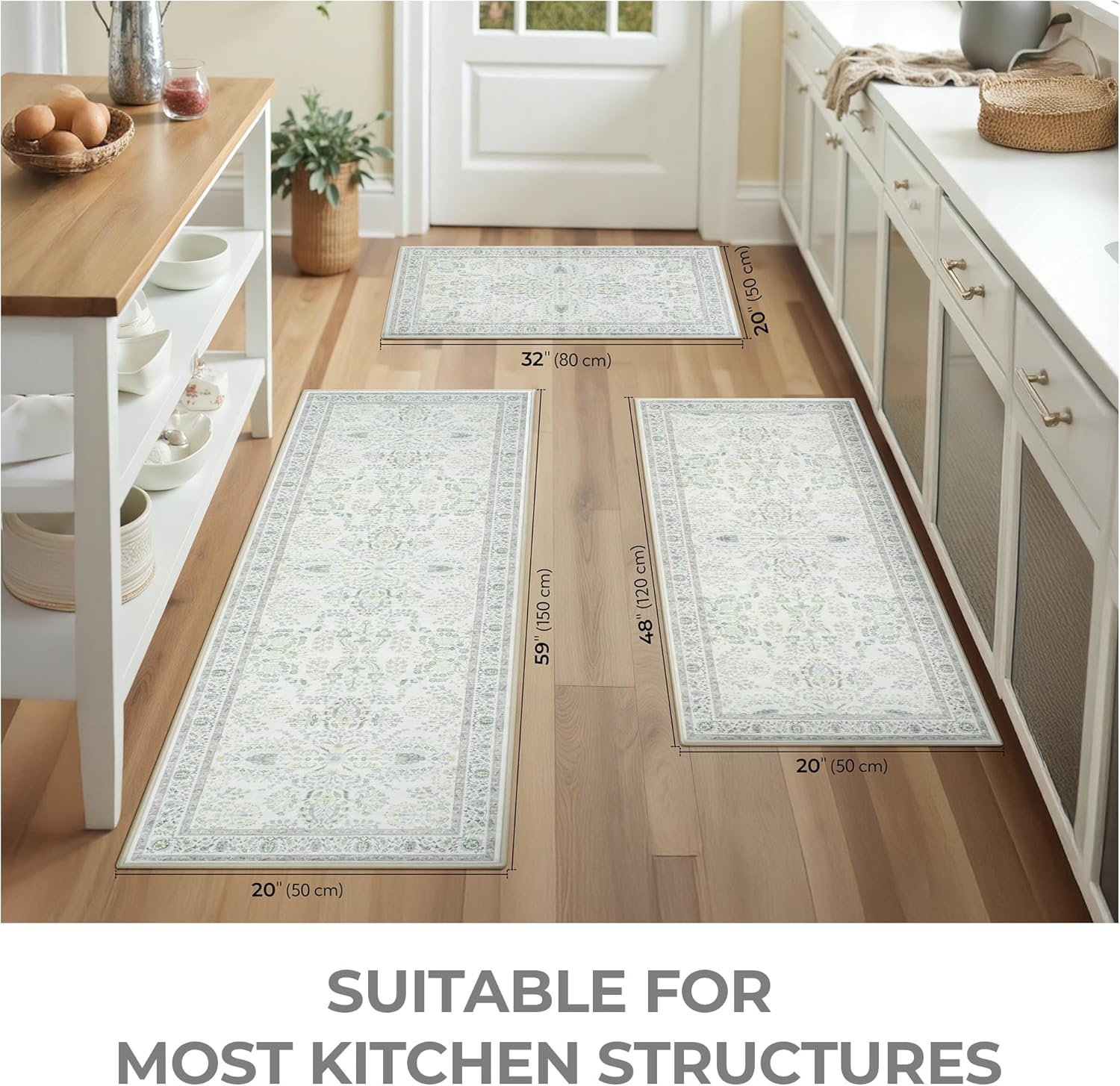 image:imageGRANNY SAYS Boho Kitchen Rug Sets of 3 Non Slip Washable Faux Wool Kitchen Mats for Floor Thick Soft AntiFatigue Comfort Standing Mat Runner Rugs for Hallway Laundry Room BeigeGreen White