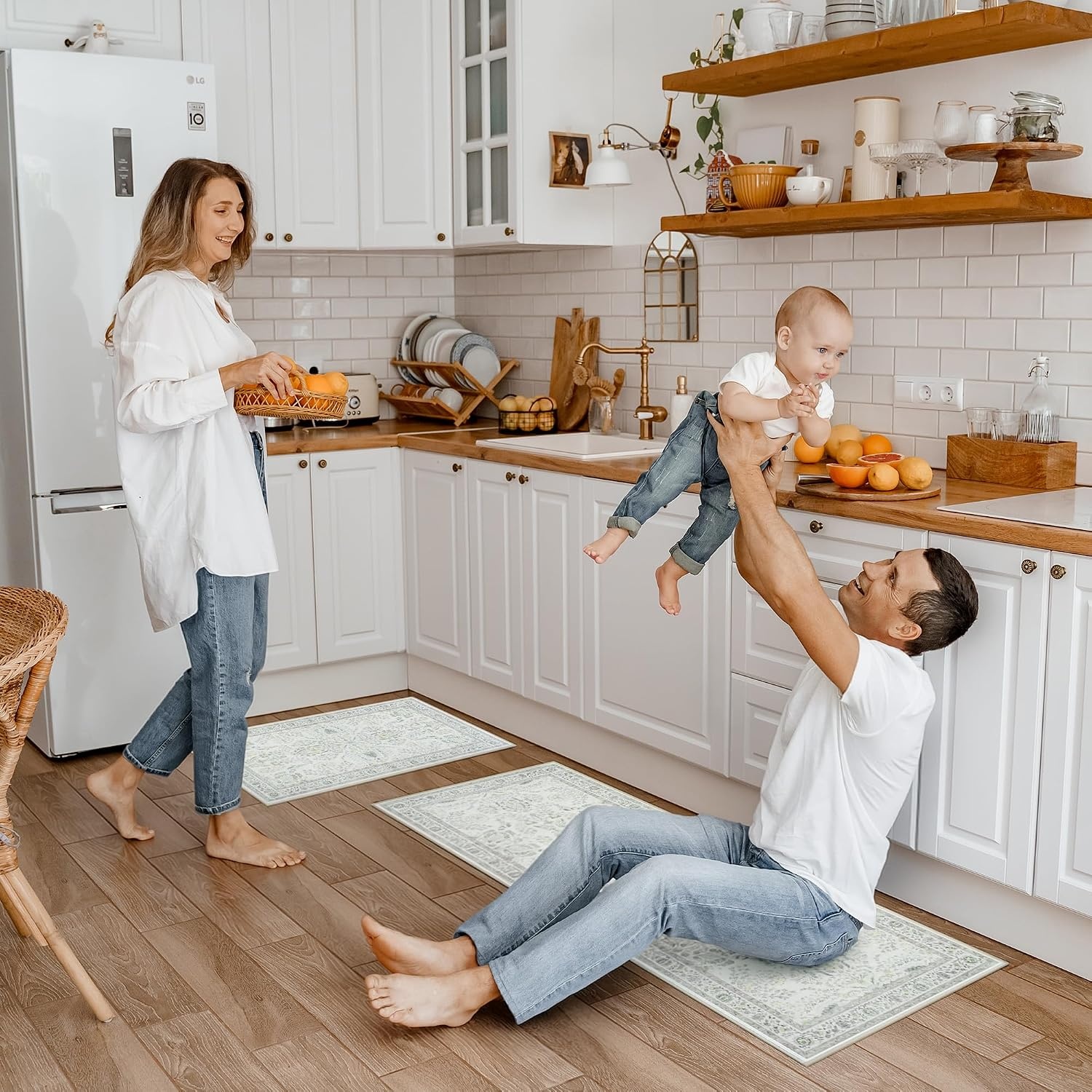 image:imageGRANNY SAYS Boho Kitchen Rug Sets of 3 Non Slip Washable Faux Wool Kitchen Mats for Floor Thick Soft AntiFatigue Comfort Standing Mat Runner Rugs for Hallway Laundry Room BeigeGreen White