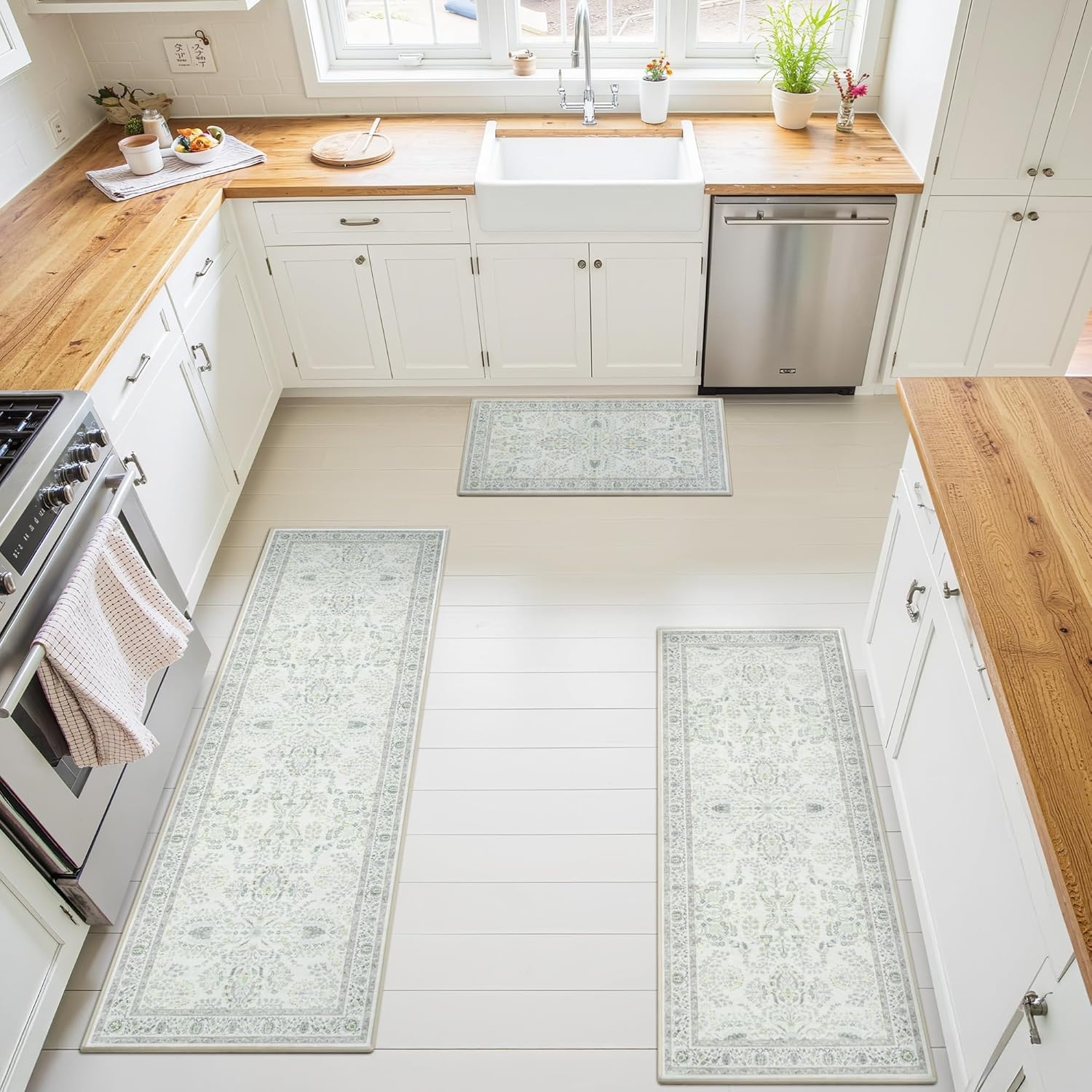 image:imageGRANNY SAYS Boho Kitchen Rug Sets of 3 Non Slip Washable Faux Wool Kitchen Mats for Floor Thick Soft AntiFatigue Comfort Standing Mat Runner Rugs for Hallway Laundry Room BeigeGreen White