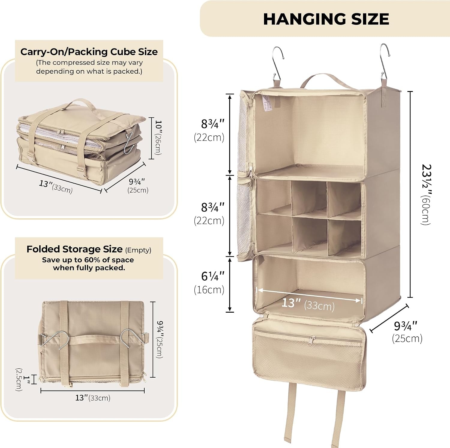 image:imageGRANNY SAYS Compression Packing Cubes for Travel Foldable Hanging Travel Shelves with Mesh Window Travel Packing Cubes for Carry on Suitcase Organizer Large Luggage Organizer Bag Khaki