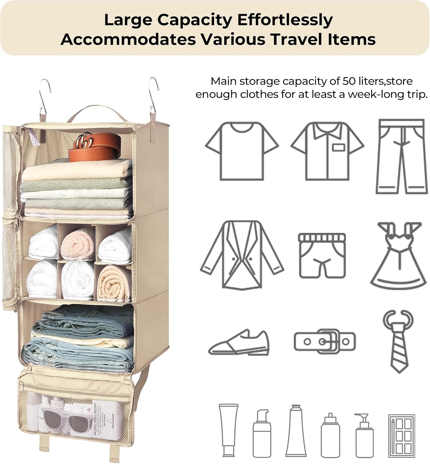 image:imageGRANNY SAYS Compression Packing Cubes for Travel Foldable Hanging Travel Shelves with Mesh Window Travel Packing Cubes for Carry on Suitcase Organizer Large Luggage Organizer Bag Khaki
