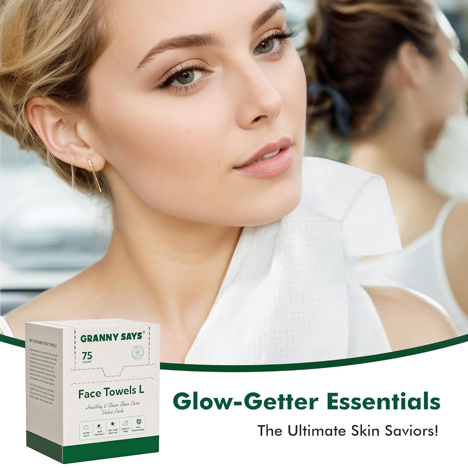 image:imageGRANNY SAYS Disposable Face Towel 75 CountBox 10 x 8 Biobased Face Towels Face Towelettes Disposable Super Soft Facial Towels for Sensitive Skin Travel Makeup Remover