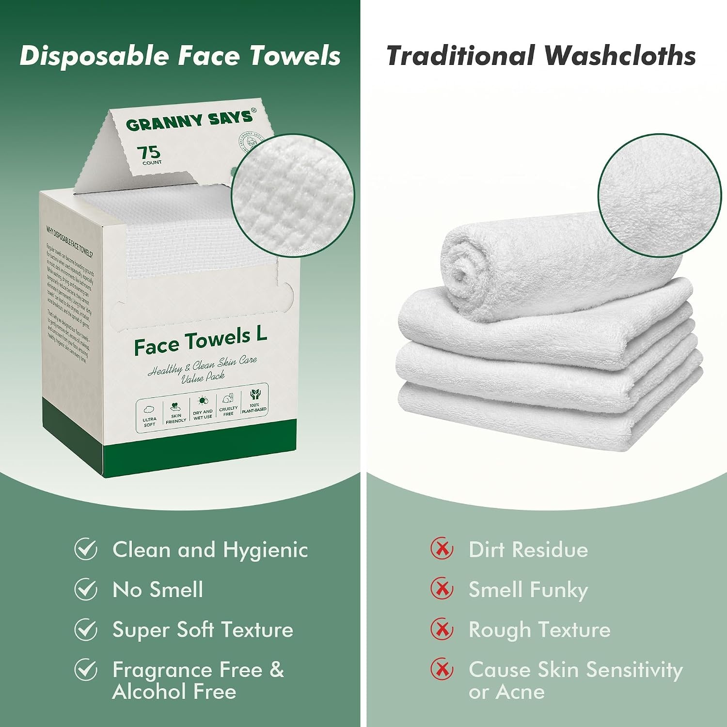image:imageGRANNY SAYS Disposable Face Towel 75 CountBox 10 x 8 Biobased Face Towels Face Towelettes Disposable Super Soft Facial Towels for Sensitive Skin Travel Makeup Remover