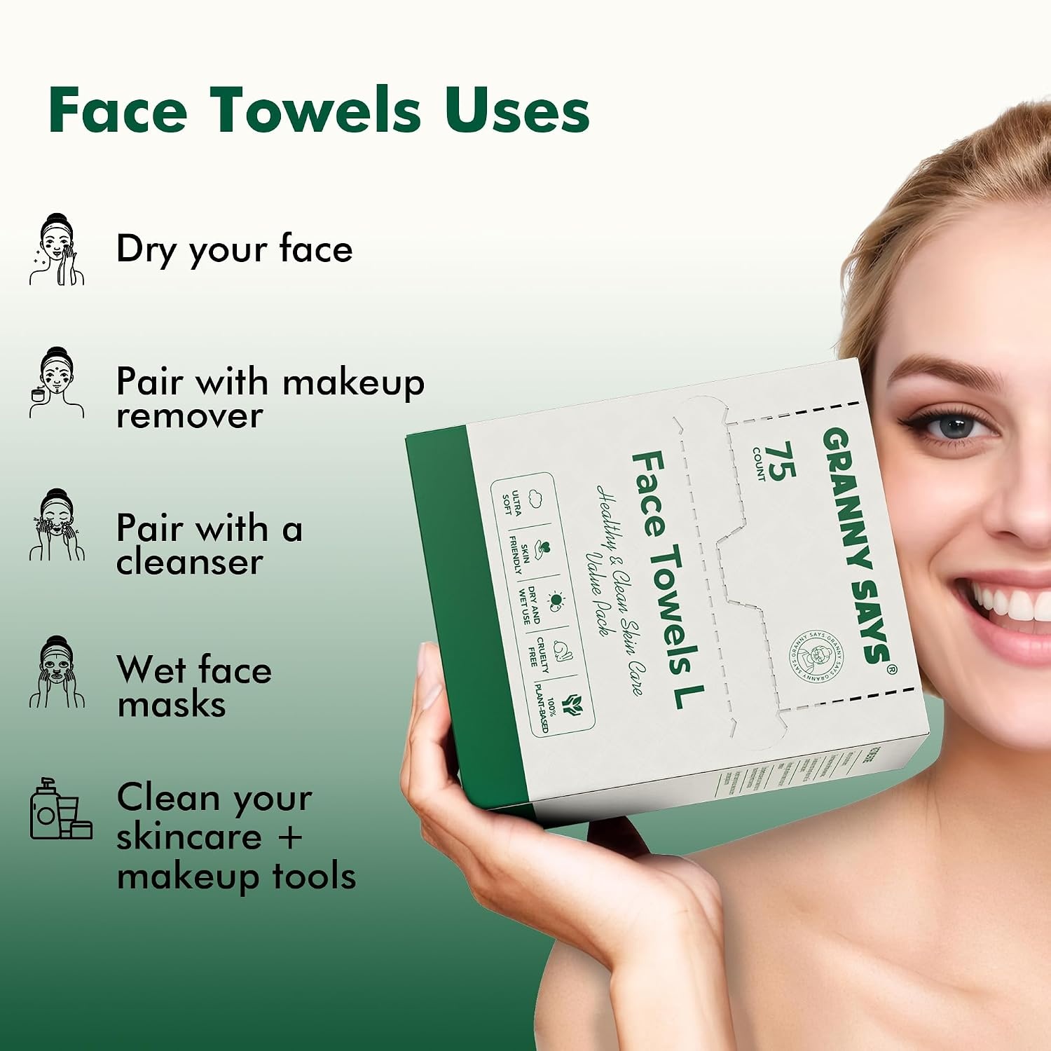 image:imageGRANNY SAYS Disposable Face Towel 75 CountBox 10 x 8 Biobased Face Towels Face Towelettes Disposable Super Soft Facial Towels for Sensitive Skin Travel Makeup Remover