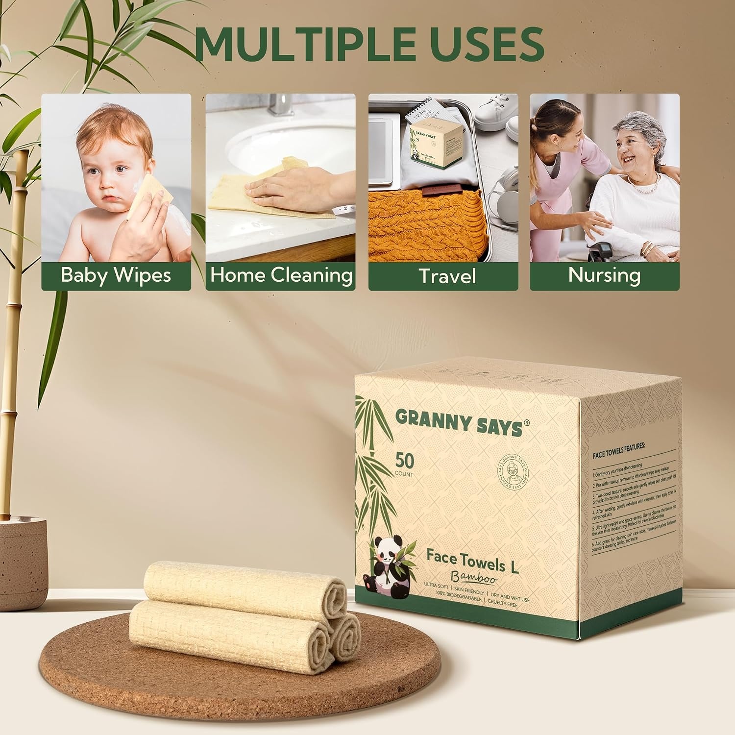 image:imageGRANNY SAYS Disposable Face Towels Bamboo Viscose Face Towelettes Disposable Biobased Face Towel Makeup Removing Wipes Super Soft for Sensitive Skin 8x10 50 Count1 Box