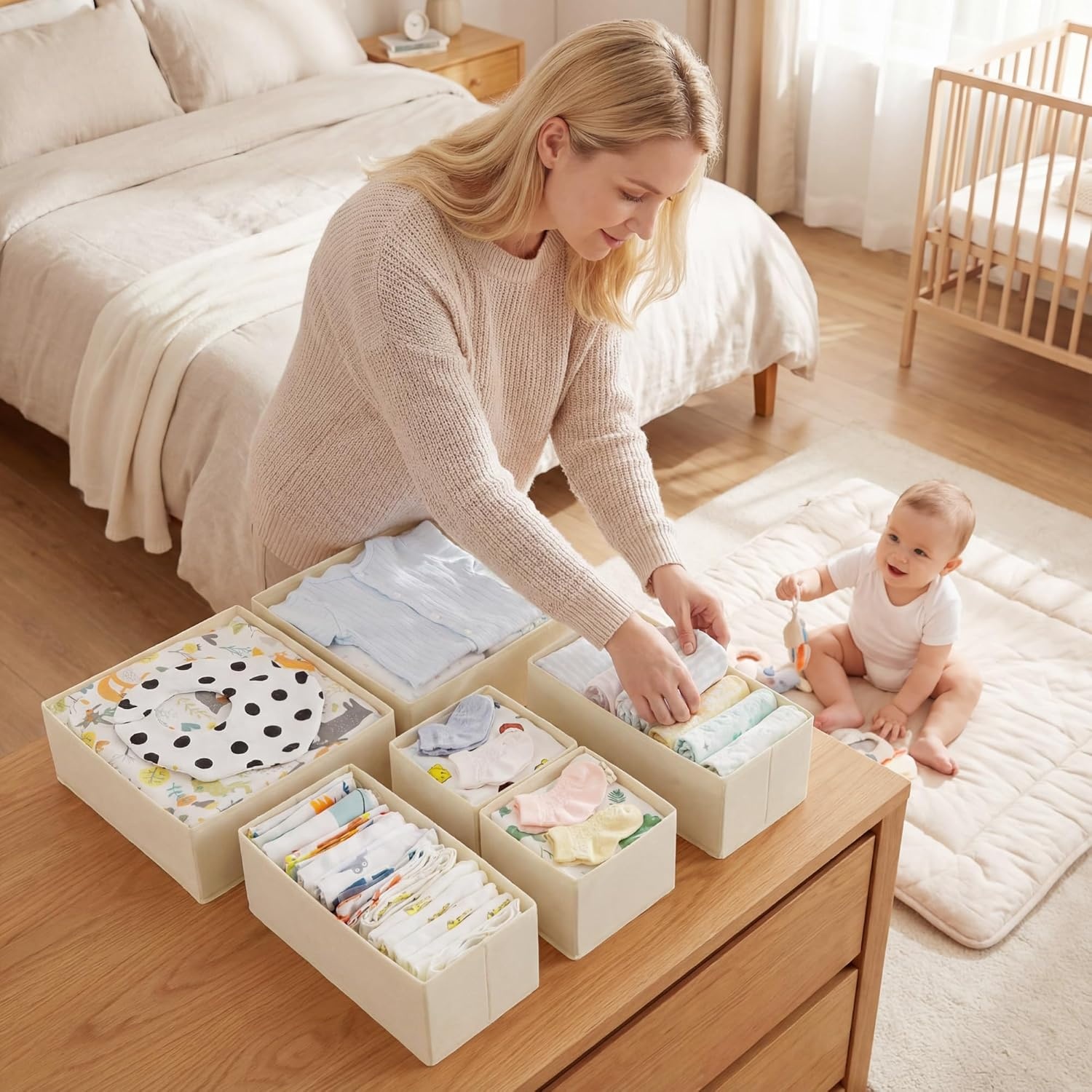 image:imageGRANNY SAYS Drawer Organizer Clothes 6 Pack Dresser Organizer Bins for Nursery Closet Organization and Storage Dividers for Clothing Baby Clothes Underwears BeigeBeige