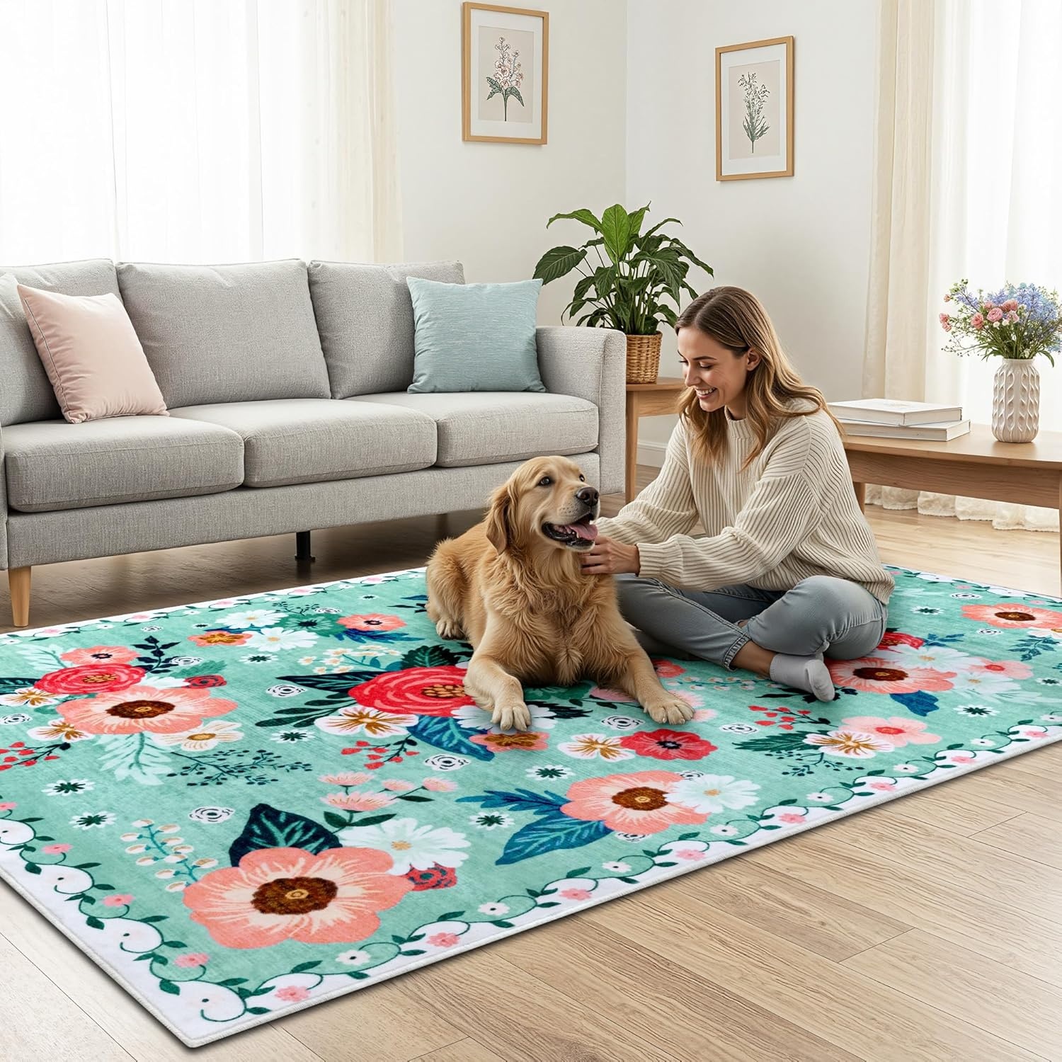 image:imageGRANNY SAYS Front Door Mat Indoor Entrance Indoor Doormat 2 x 3 Washable Mat Low Profile Stain Resistance Mats for Entryway Porch Rug Aqua FloralAqua