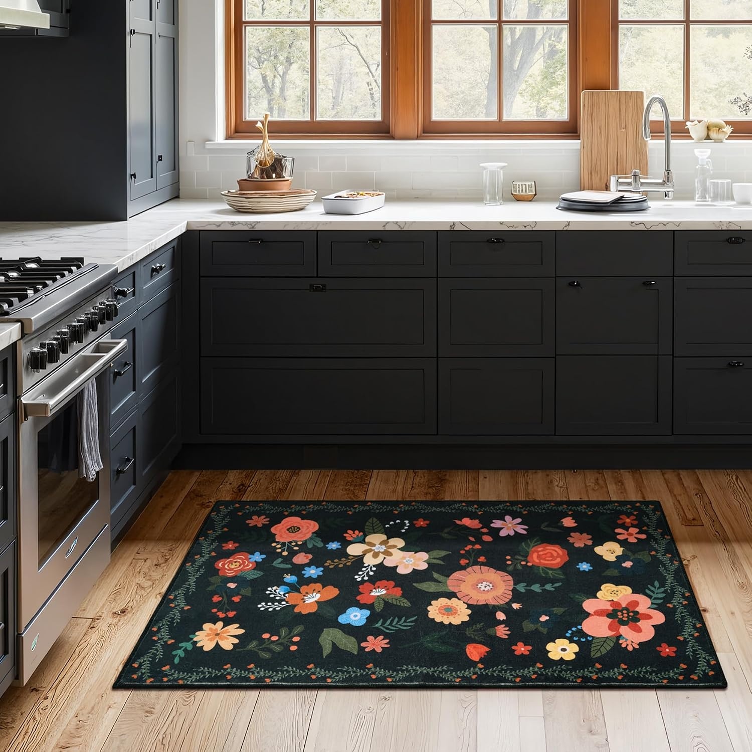 image:imageGRANNY SAYS Front Door Mat Indoor Entrance Indoor Doormat 28 x 4 Washable Mats Low Profile Stain Resistance Mat for Entryway NonSlip Long Doormat Black Boho FloralBlack Flowers