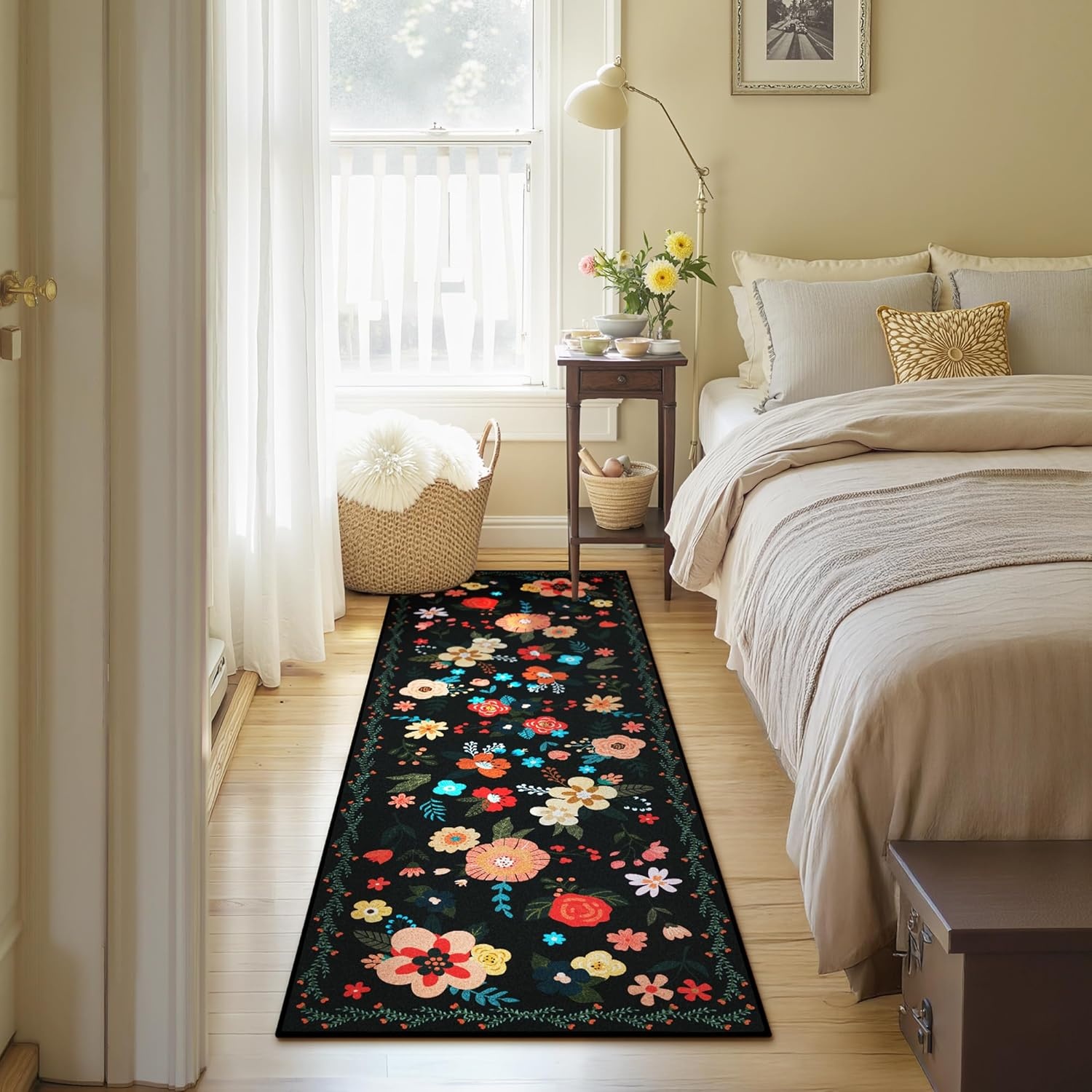 image:imageGRANNY SAYS Front Door Mat Indoor Entrance Indoor Doormat 28 x 4 Washable Mats Low Profile Stain Resistance Mat for Entryway NonSlip Long Doormat Black Boho FloralBlack Flowers