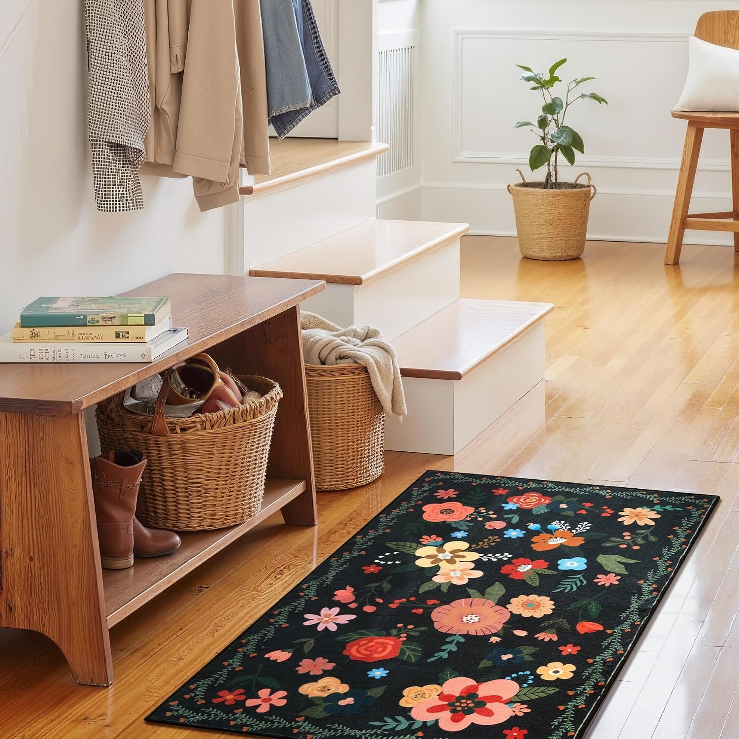 image:imageGRANNY SAYS Front Door Mat Indoor Entrance Indoor Doormat 28 x 4 Washable Mats Low Profile Stain Resistance Mat for Entryway NonSlip Long Doormat Black Boho FloralBlack Flowers