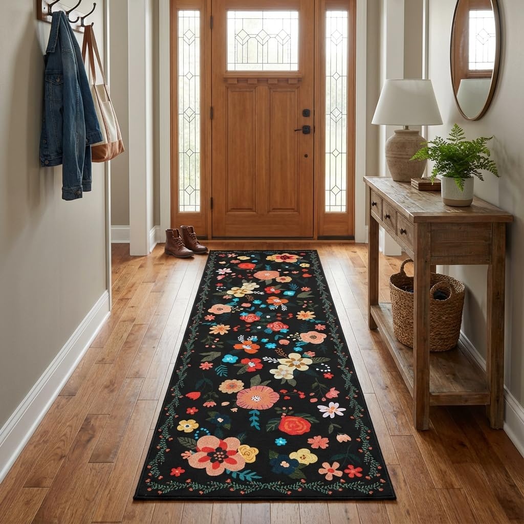 image:imageGRANNY SAYS Front Door Mat Indoor Entrance Indoor Doormat 28 x 4 Washable Mats Low Profile Stain Resistance Mat for Entryway NonSlip Long Doormat Black Boho FloralBlack Flowers