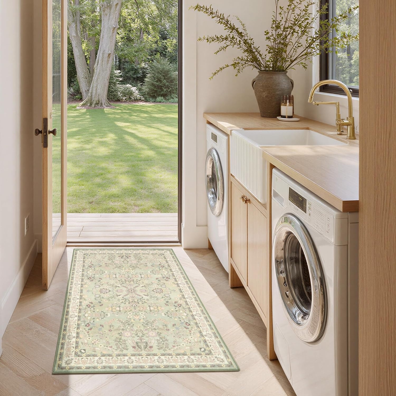 image:imageGRANNY SAYS Front Door Mat Indoor Entrance Indoor Doormat 28 x 4 Washable Mats Low Profile Stain Resistance Mat for Entryway NonSlip Long Doormat Black Boho FloralGreen