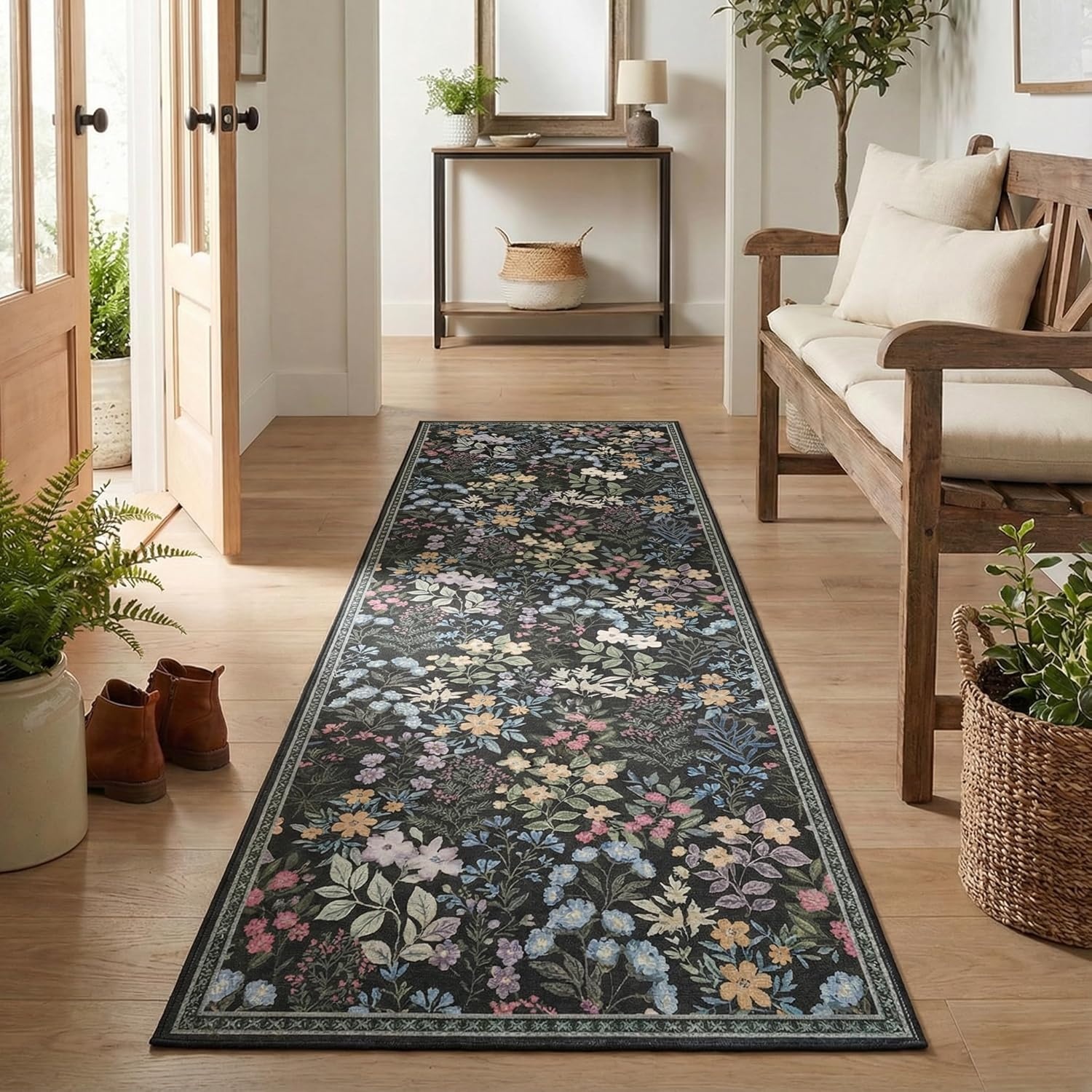 image:imageGRANNY SAYS Front Door Mat Indoor Entrance Indoor Doormat 28 x 4 Washable Mats Low Profile Stain Resistance Mat for Entryway NonSlip Long Doormat Black Boho FloralBlack Flowers2