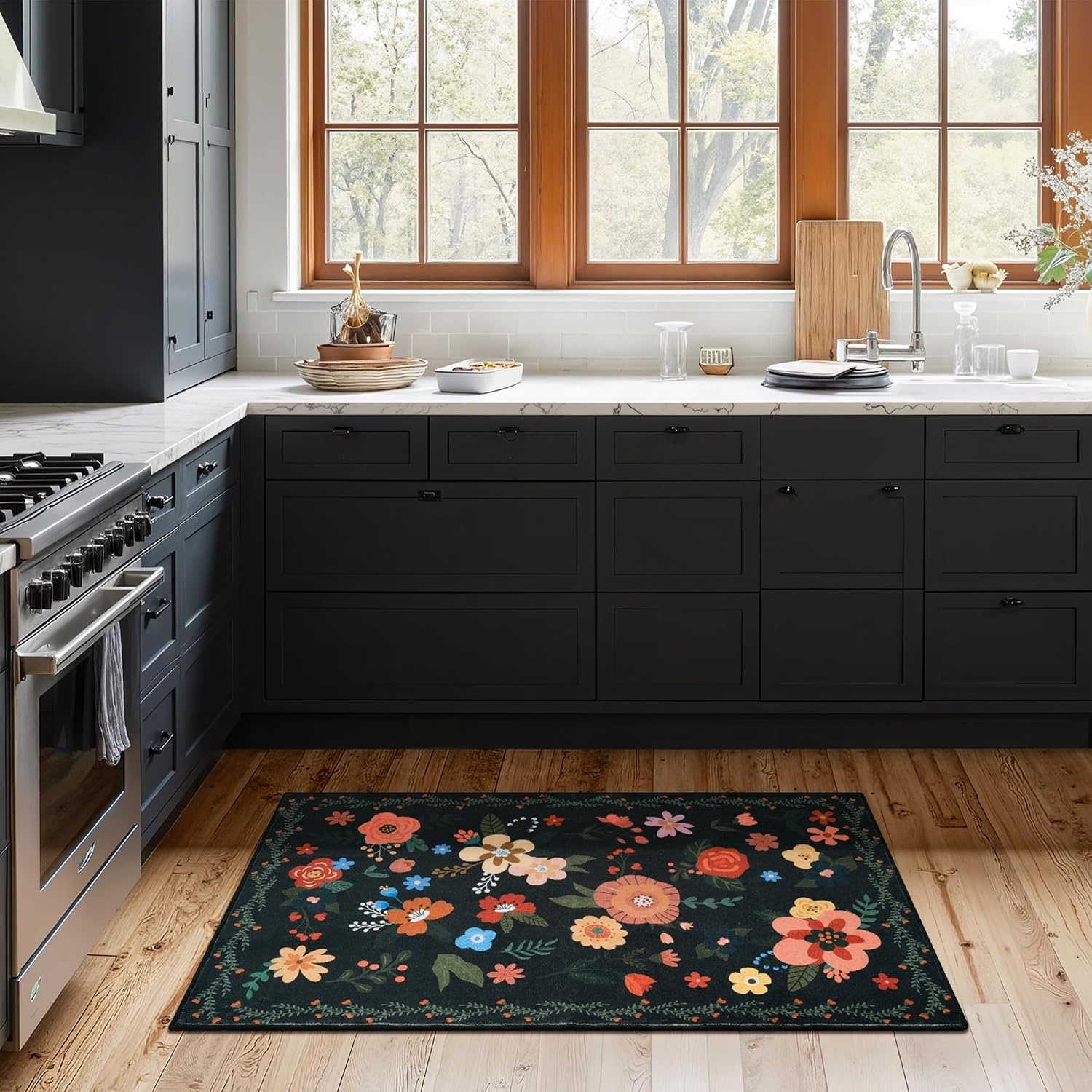 image:imageGRANNY SAYS Front Door Mat Indoor Entrance Indoor Doormat 28 x 4 Washable Mats Low Profile Stain Resistance Mat for Entryway NonSlip Long Doormat Black Boho FloralBlack Flowers