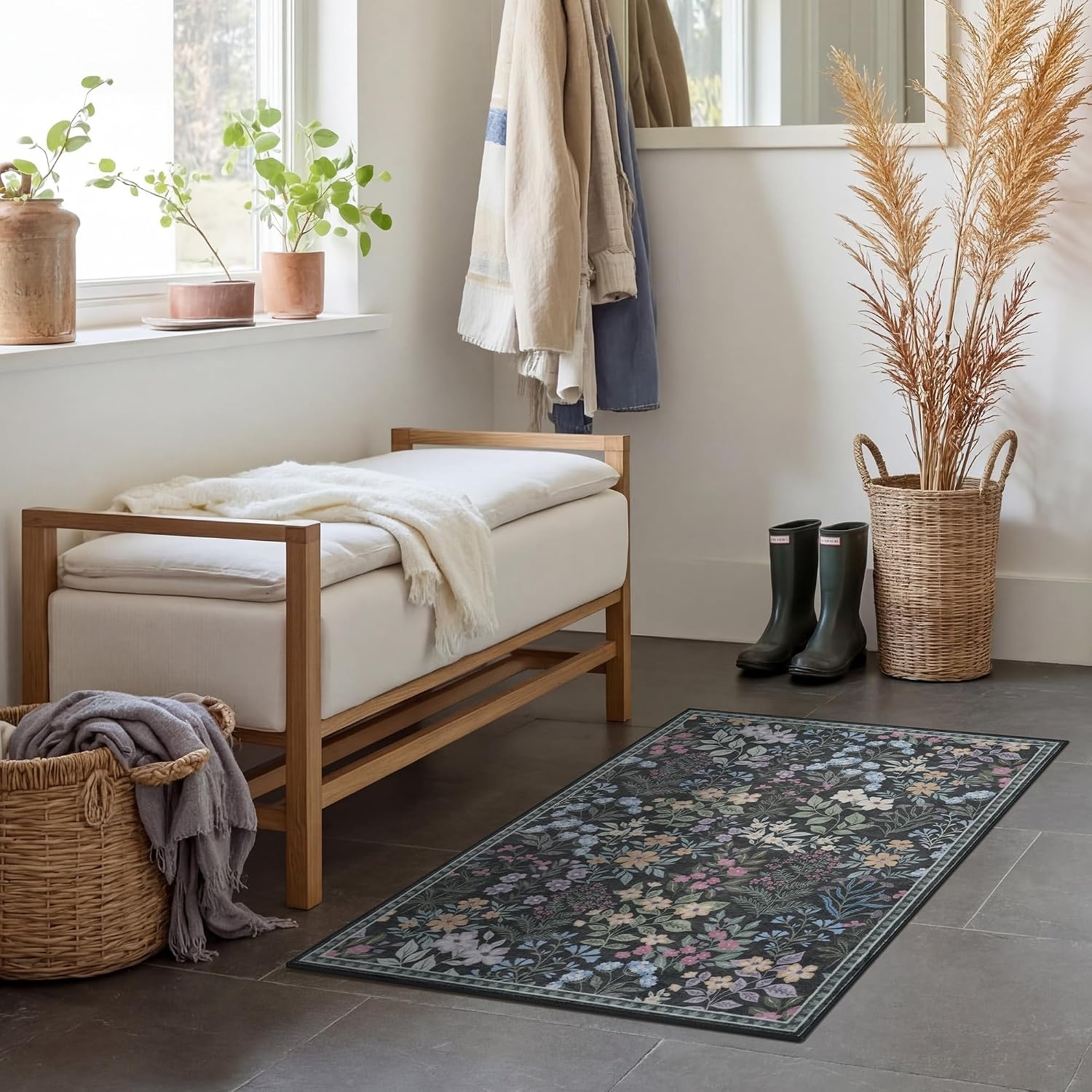 image:imageGRANNY SAYS Front Door Mat Indoor Entrance Indoor Doormat 28 x 4 Washable Mats Low Profile Stain Resistance Mat for Entryway NonSlip Long Doormat Black Boho FloralBlack Flowers2