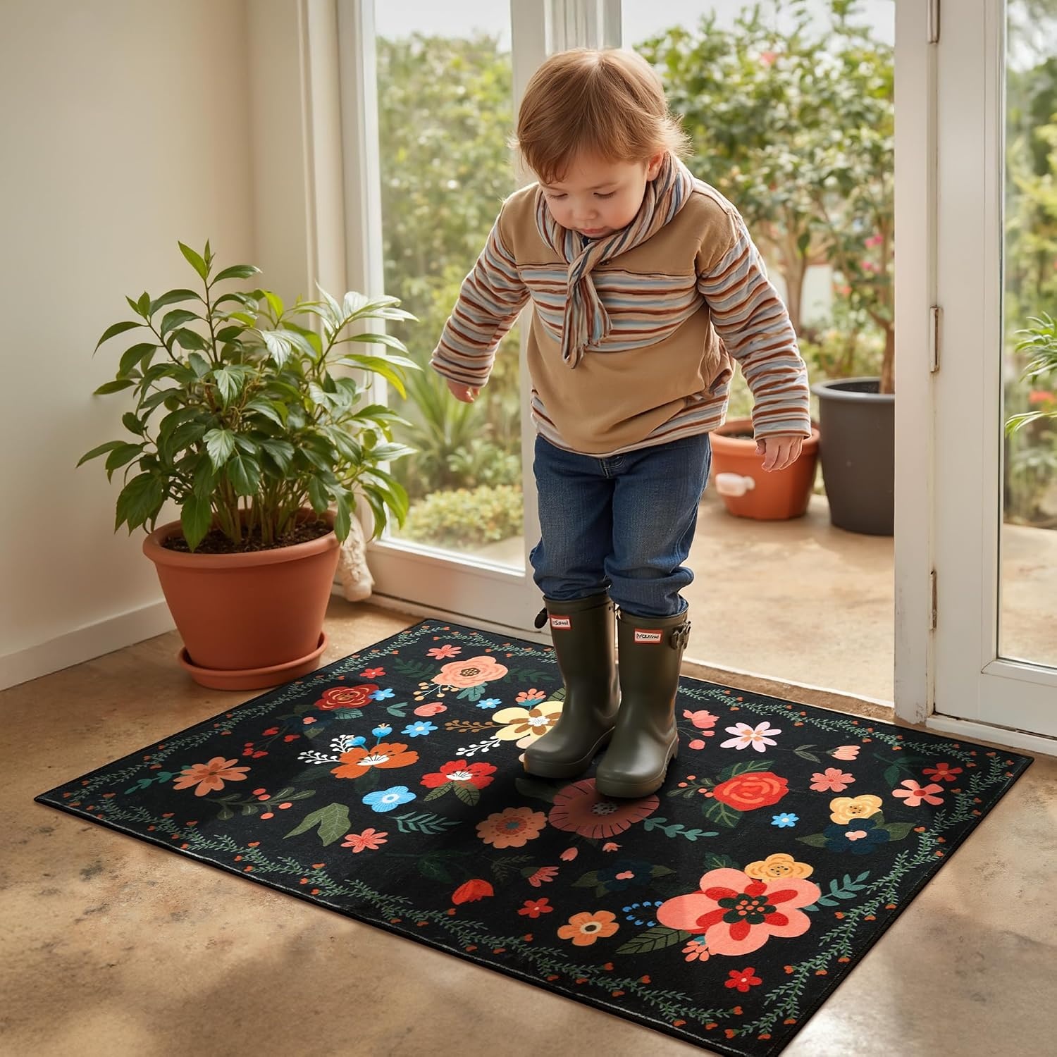 image:imageGRANNY SAYS Front Door Mat Indoor Entrance Indoor Doormat 28 x 4 Washable Mats Low Profile Stain Resistance Mat for Entryway NonSlip Long Doormat Black Boho FloralBlack Flowers