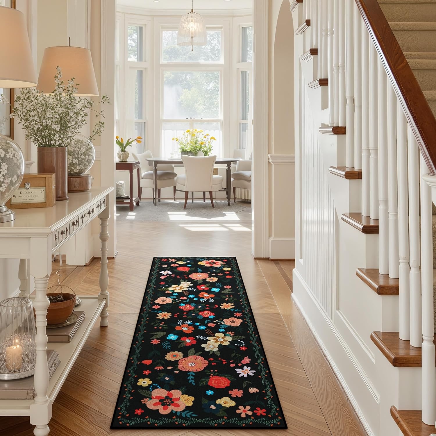 image:imageGRANNY SAYS Front Door Mat Indoor Entrance Indoor Doormat 28 x 4 Washable Mats Low Profile Stain Resistance Mat for Entryway NonSlip Long Doormat Black Boho FloralBlack Flowers