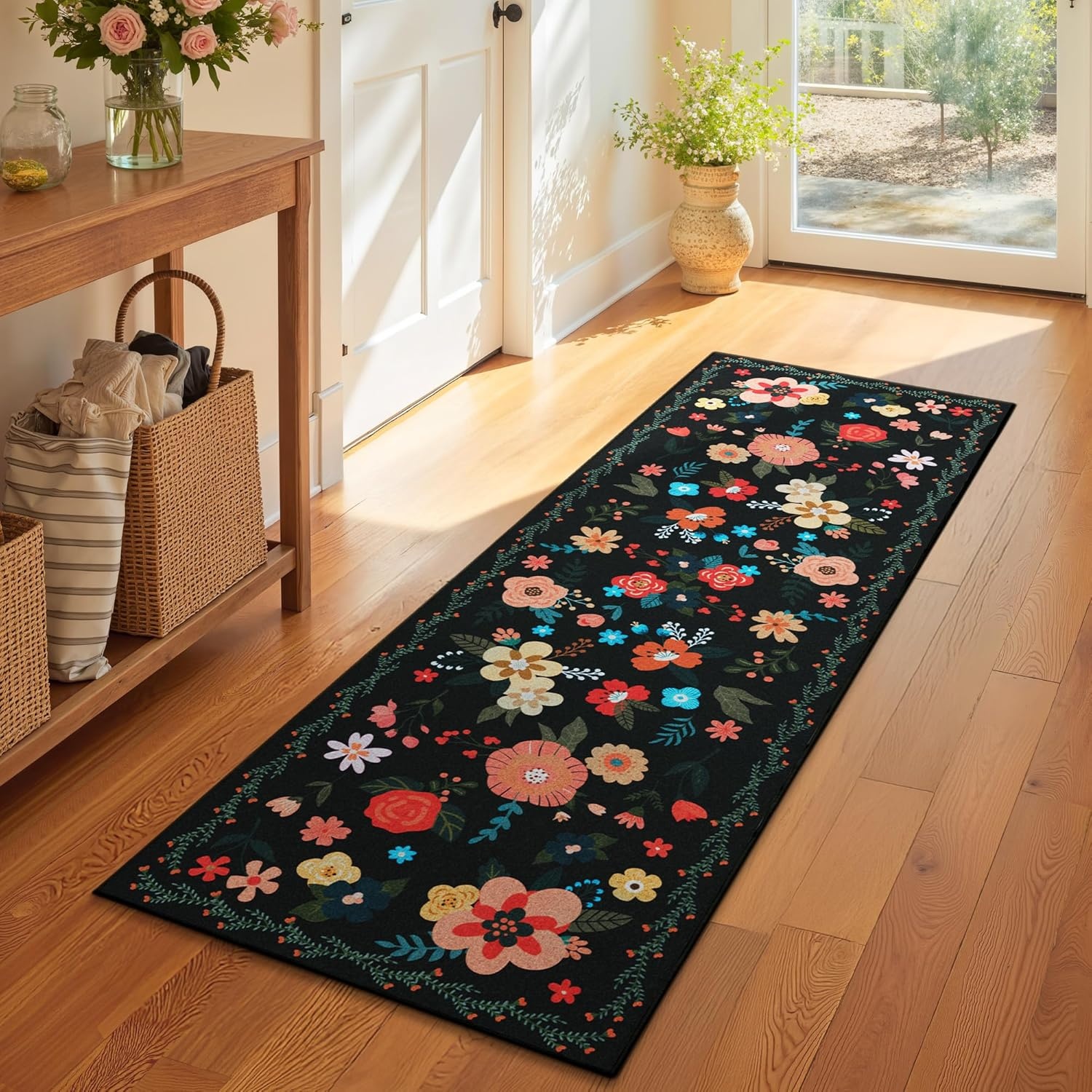 image:imageGRANNY SAYS Front Door Mat Indoor Entrance Indoor Doormat 28 x 4 Washable Mats Low Profile Stain Resistance Mat for Entryway NonSlip Long Doormat Black Boho FloralBlack Flowers