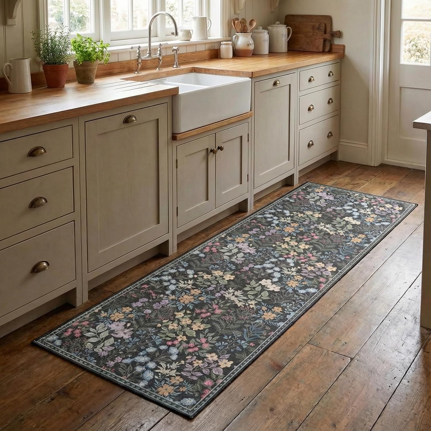 image:imageGRANNY SAYS Front Door Mat Indoor Entrance Indoor Doormat 28 x 4 Washable Mats Low Profile Stain Resistance Mat for Entryway NonSlip Long Doormat Black Boho FloralBlack Flowers2