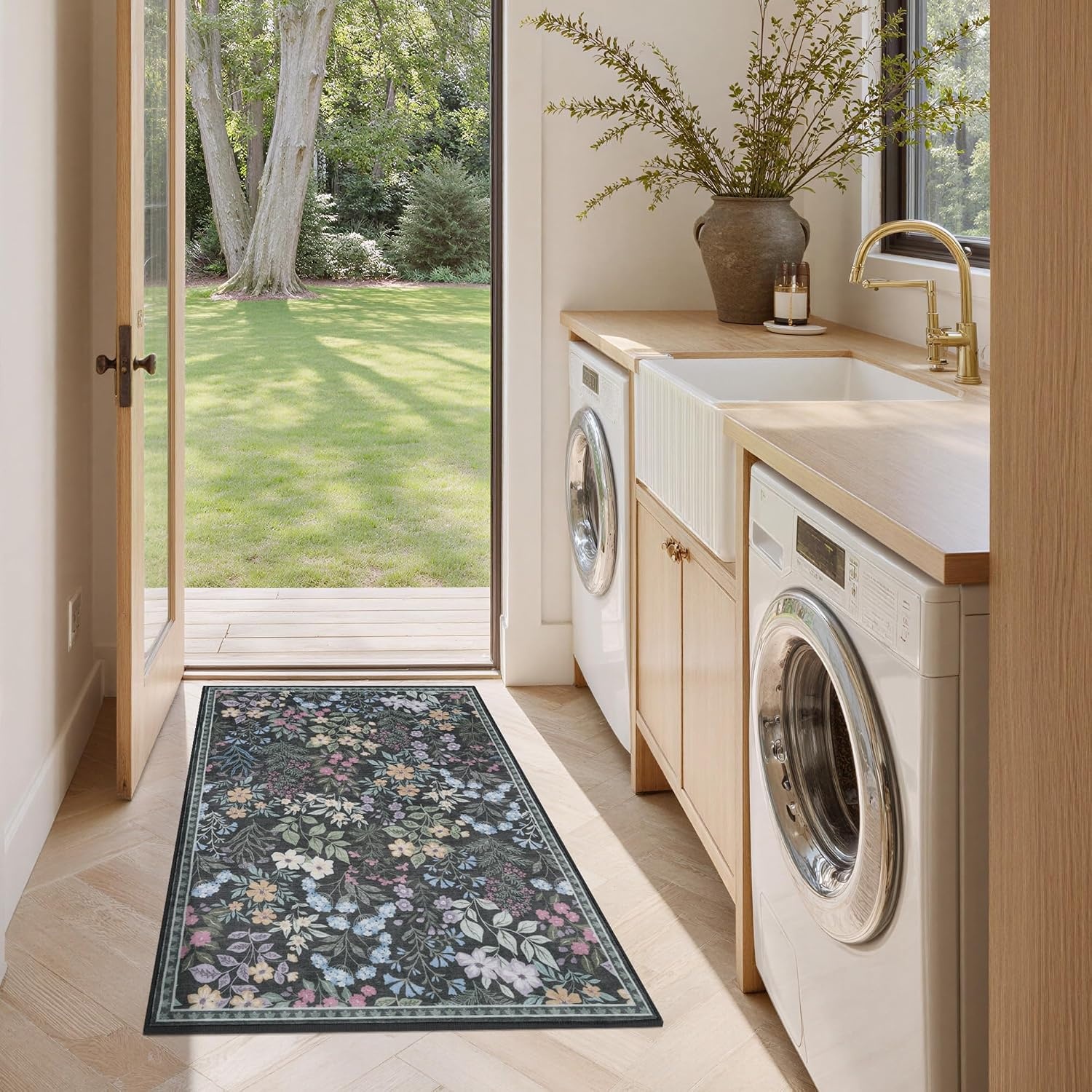 image:imageGRANNY SAYS Front Door Mat Indoor Entrance Indoor Doormat 28 x 4 Washable Mats Low Profile Stain Resistance Mat for Entryway NonSlip Long Doormat Black Boho FloralBlack Flowers2