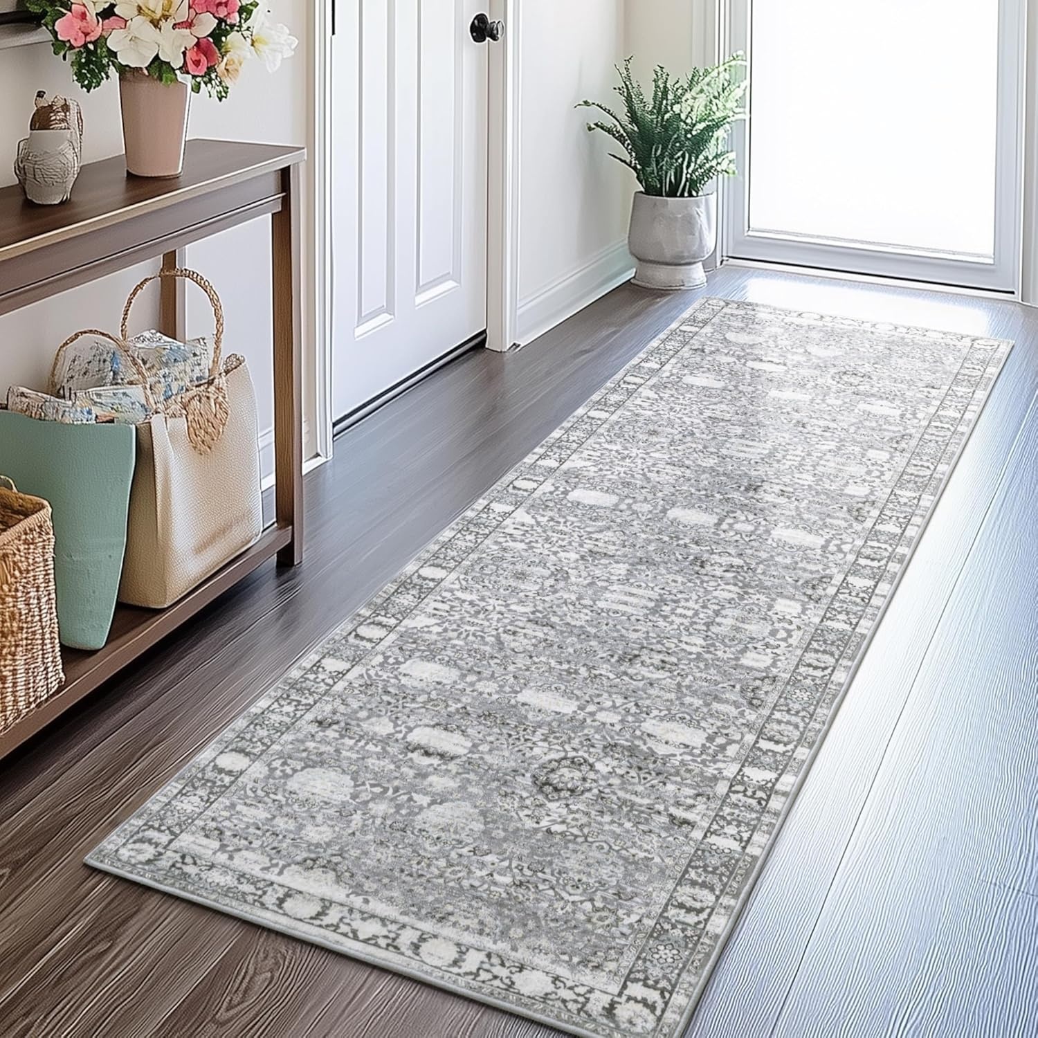 image:imageGRANNY SAYS Front Door Mat Indoor Entrance Indoor Doormat 28 x 4 Washable Mats Low Profile Stain Resistance Mat for Entryway NonSlip Long Doormat Black Boho FloralGrey