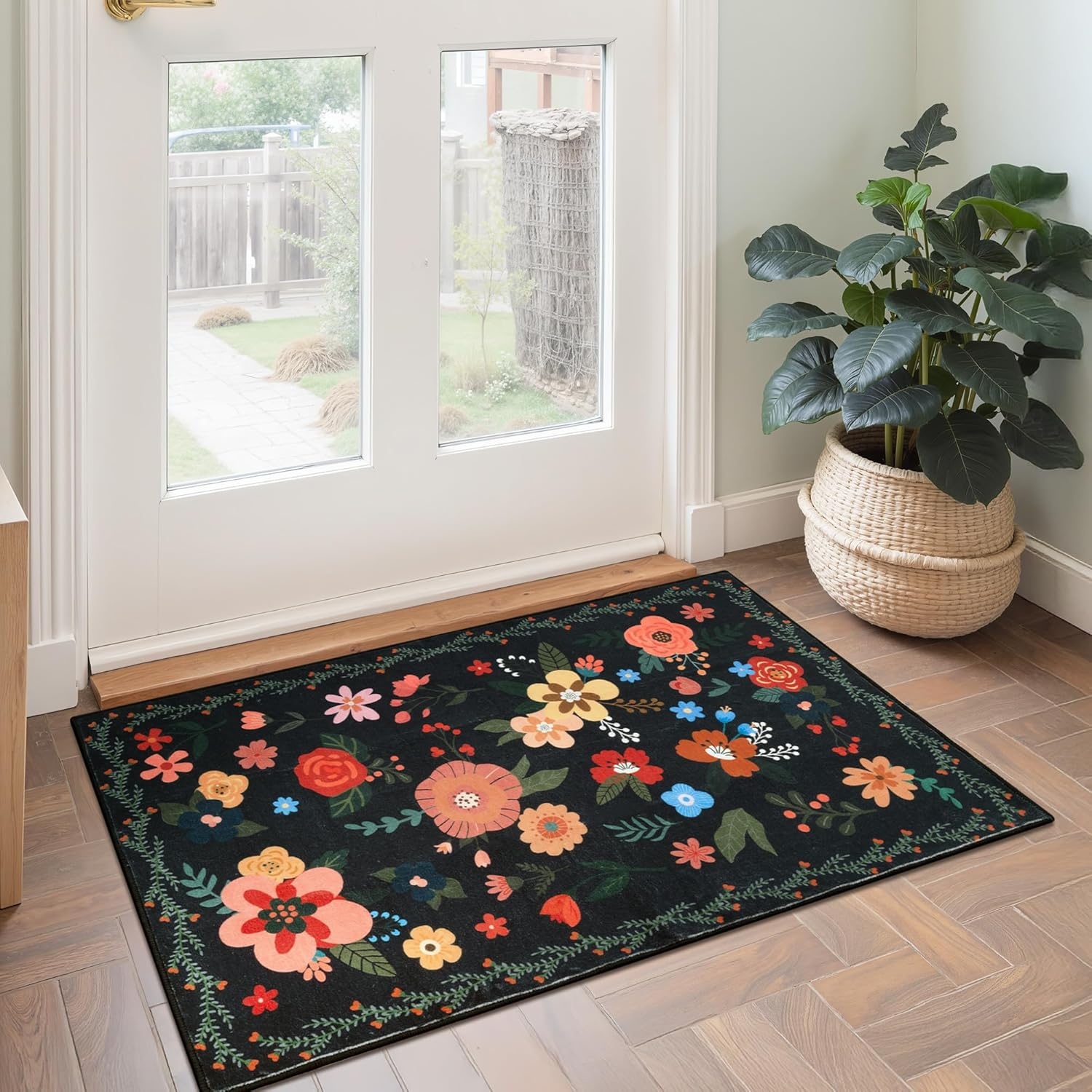 image:imageGRANNY SAYS Front Door Mat Indoor Entrance Indoor Doormat 28 x 4 Washable Mats Low Profile Stain Resistance Mat for Entryway NonSlip Long Doormat Black Boho FloralBlack Flowers