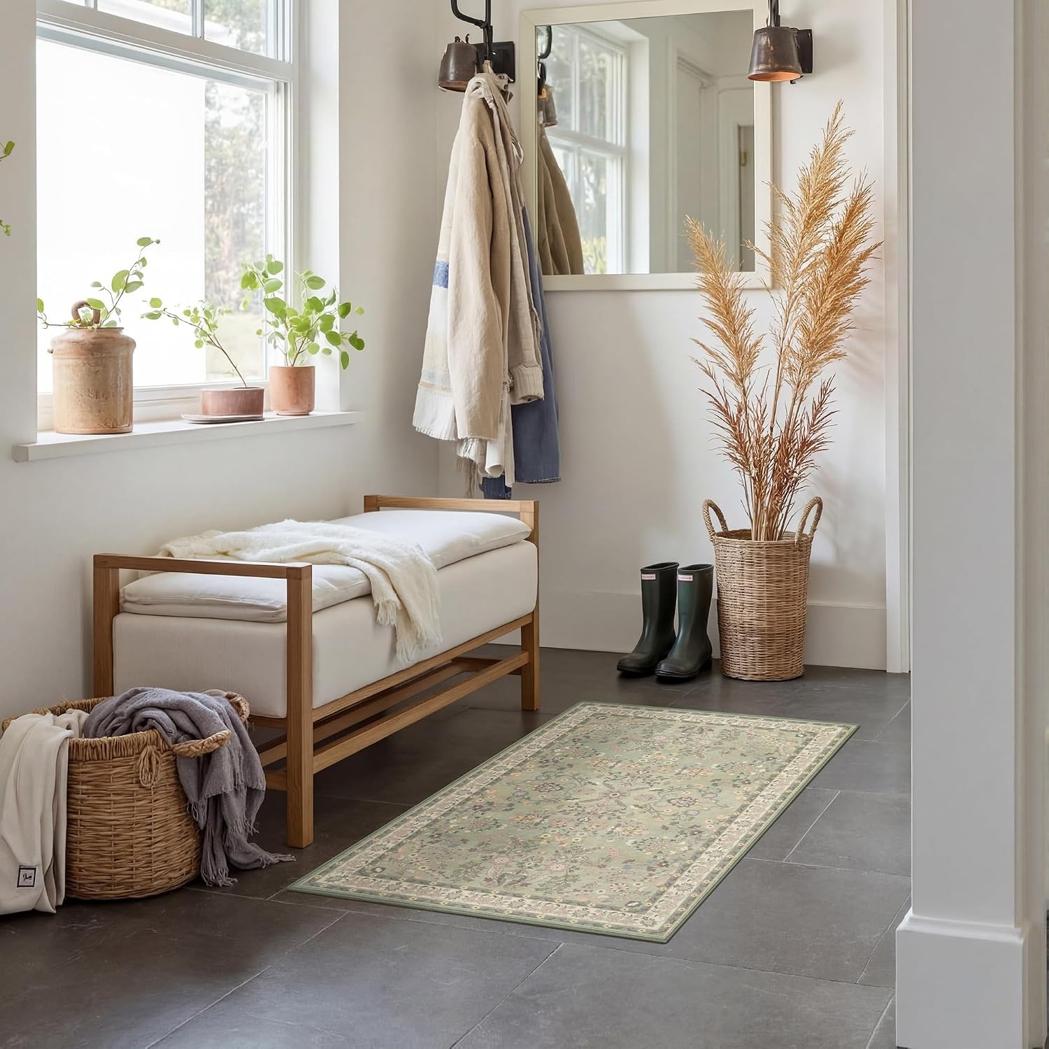 image:imageGRANNY SAYS Front Door Mat Indoor Entrance Indoor Doormat 28 x 4 Washable Mats Low Profile Stain Resistance Mat for Entryway NonSlip Long Doormat Black Boho FloralGreen