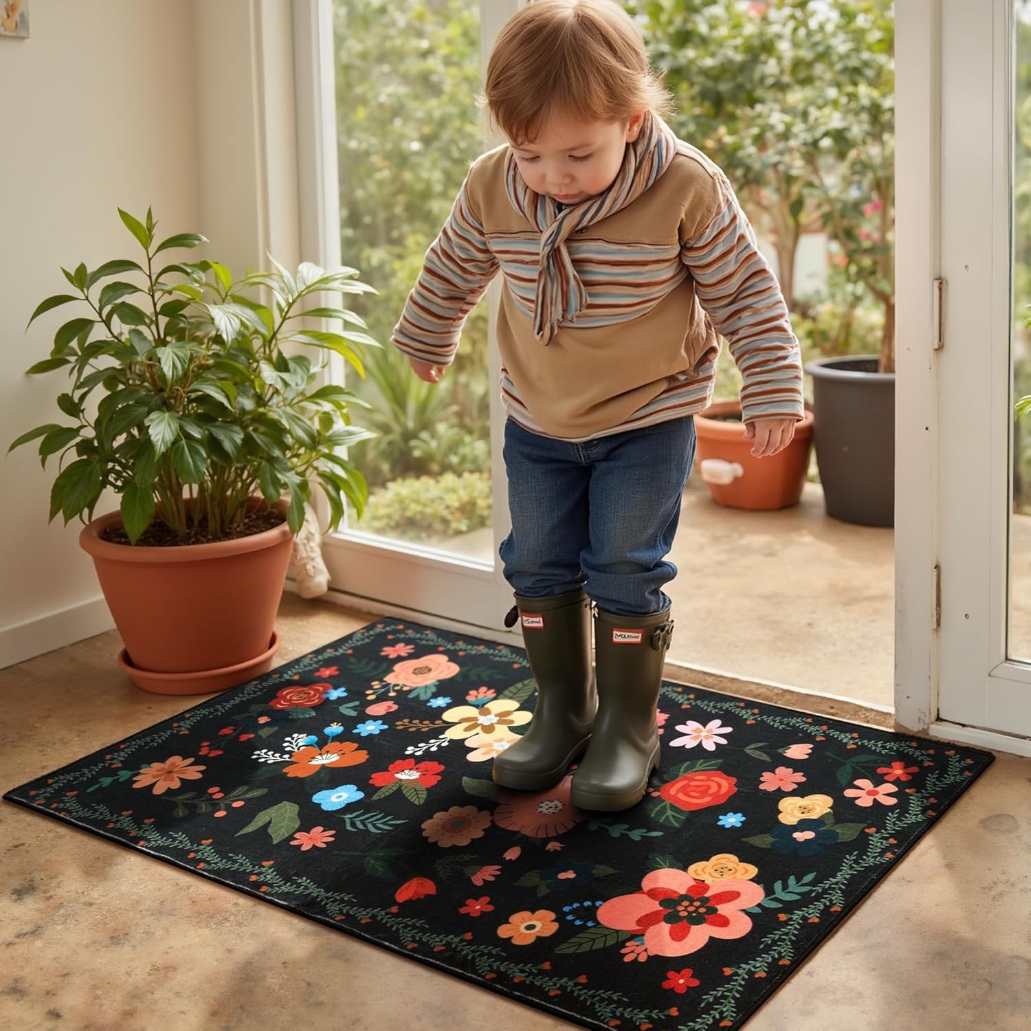 image:imageGRANNY SAYS Front Door Mat Indoor Entrance Indoor Doormat 28 x 4 Washable Mats Low Profile Stain Resistance Mat for Entryway NonSlip Long Doormat Black Boho FloralBlack Flowers