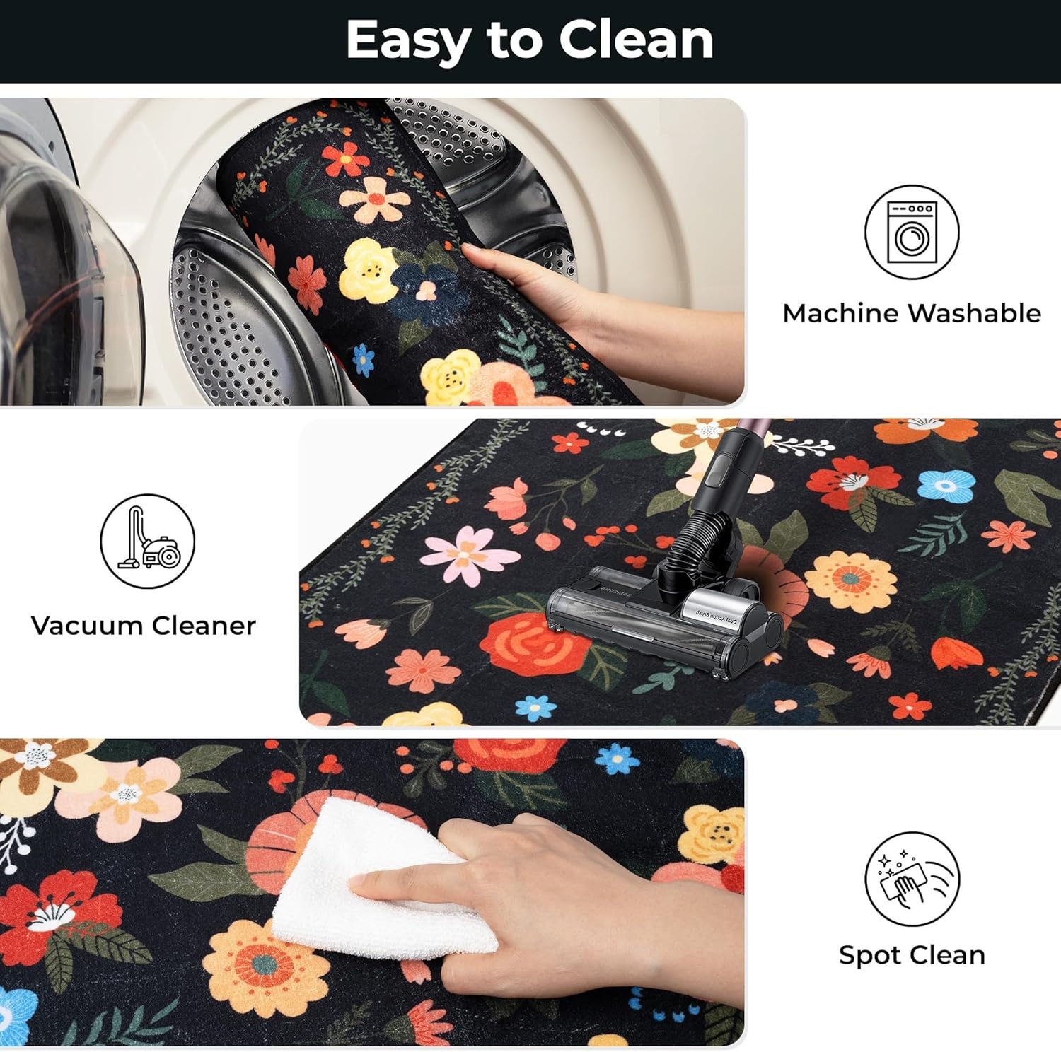 image:imageGRANNY SAYS Front Door Mat Indoor Entrance Indoor Doormat 28 x 4 Washable Mats Low Profile Stain Resistance Mat for Entryway NonSlip Long Doormat Black Boho FloralBlack Flowers