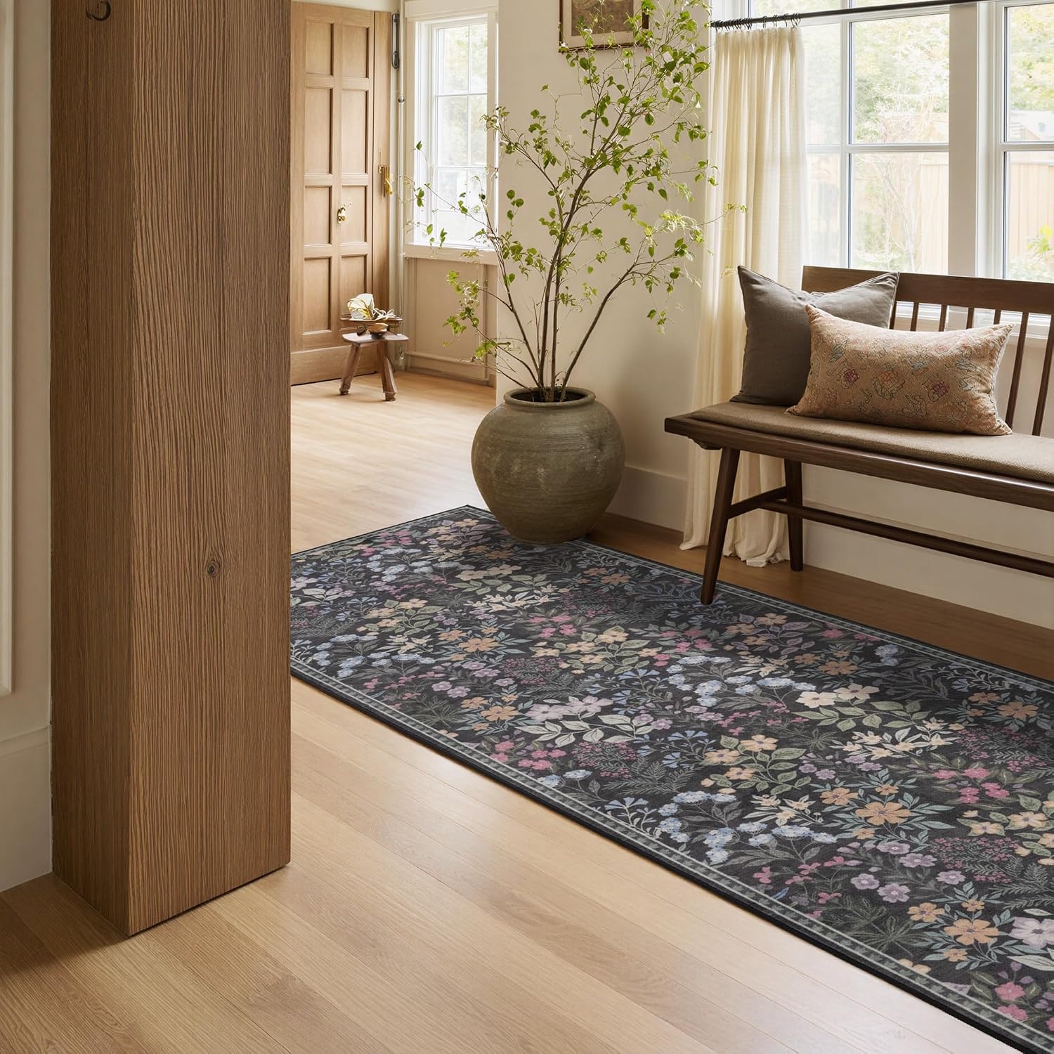 image:imageGRANNY SAYS Front Door Mat Indoor Entrance Indoor Doormat 28 x 4 Washable Mats Low Profile Stain Resistance Mat for Entryway NonSlip Long Doormat Black Boho FloralBlack Flowers2