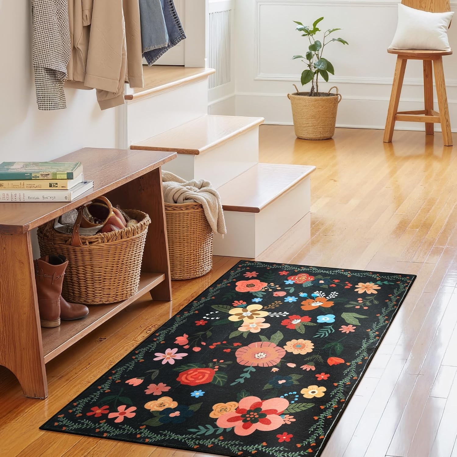 image:imageGRANNY SAYS Front Door Mat Indoor Entrance Indoor Doormat 28 x 4 Washable Mats Low Profile Stain Resistance Mat for Entryway NonSlip Long Doormat Black Boho FloralBlack Flowers