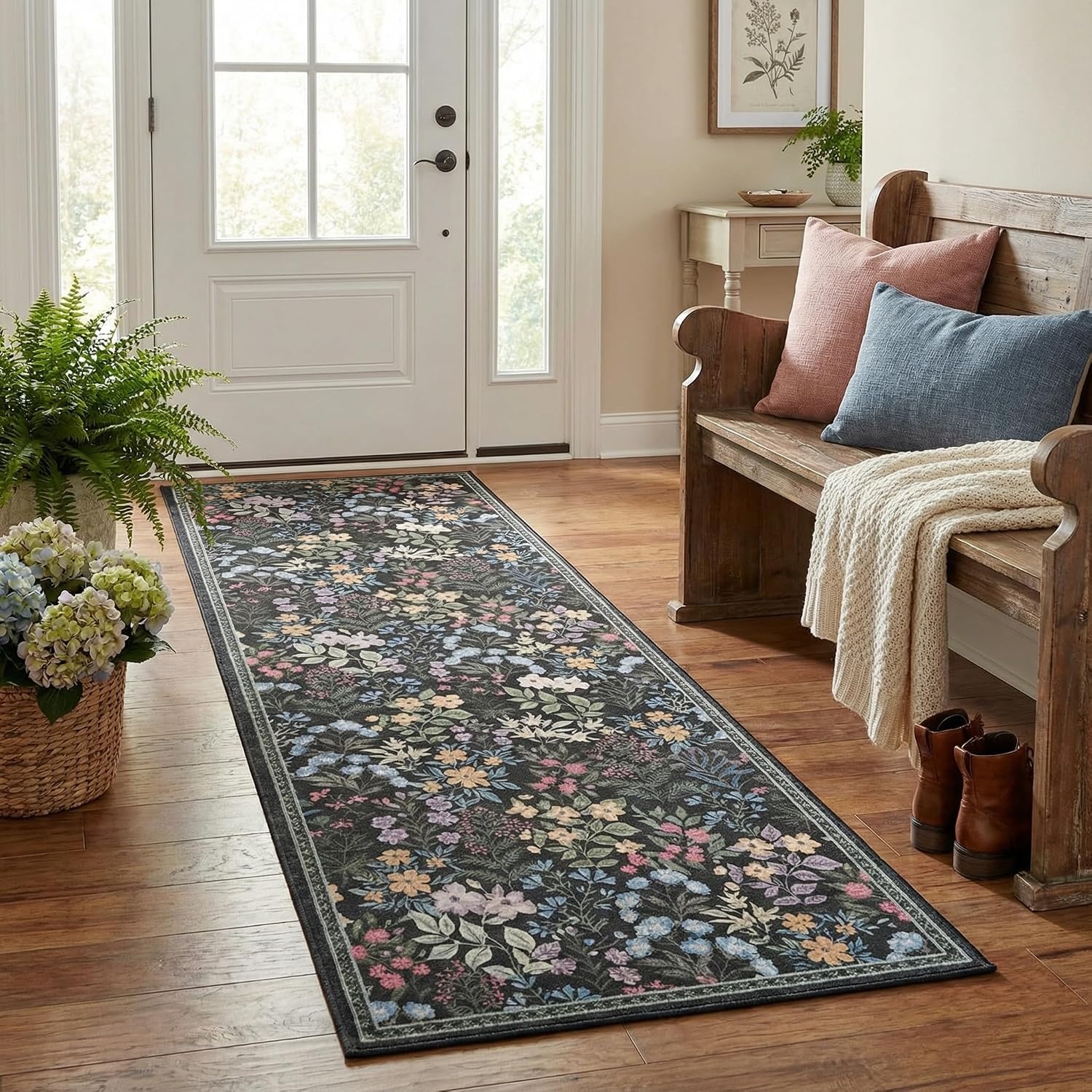 image:imageGRANNY SAYS Front Door Mat Indoor Entrance Indoor Doormat 28 x 4 Washable Mats Low Profile Stain Resistance Mat for Entryway NonSlip Long Doormat Black Boho FloralBlack Flowers2