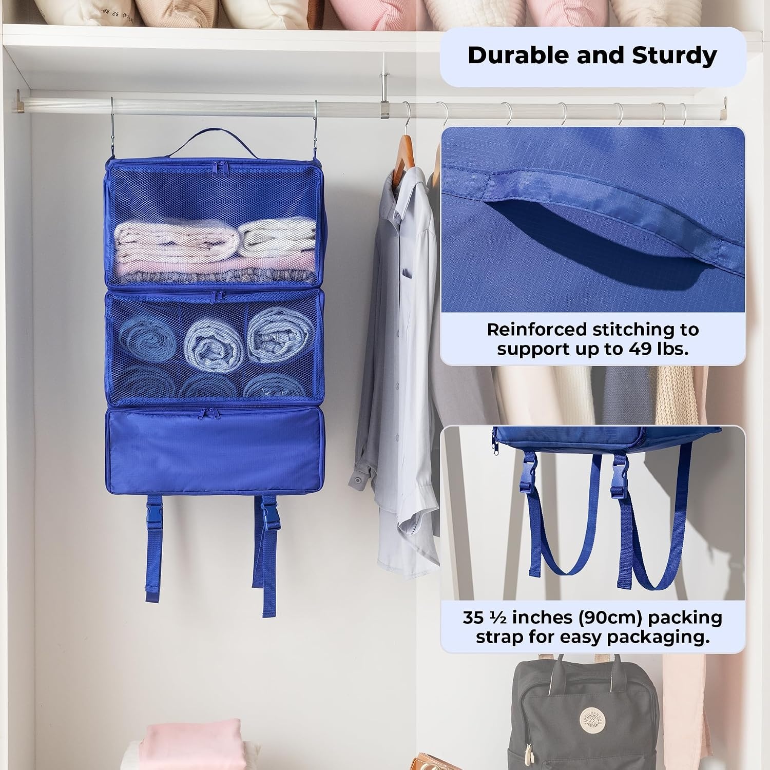 image:imageGRANNY SAYS Hanging Packing Cubes for Travel Large Portable Hanging Suitcase Organizer Foldable Compression Luggage Organizer Bags for Clothes Carry on Closet Suitcase XLBlue Travel ShelvesBlue