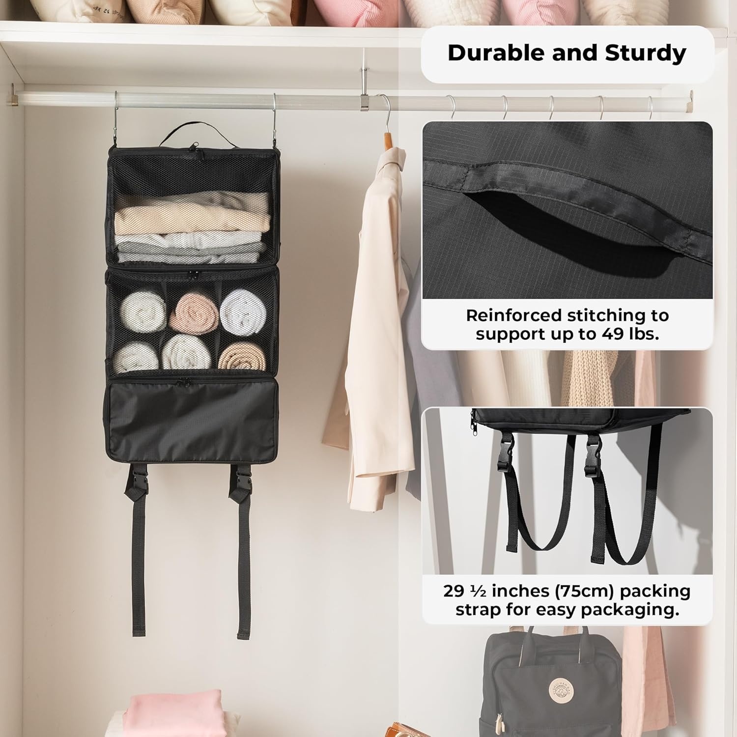 image:imageGRANNY SAYS Hanging Packing Cubes for Travel Large Portable Hanging Suitcase Organizer Foldable Compression Luggage Organizer Bags for Clothes Carry on Closet Suitcase XLBlue Travel ShelvesBlack