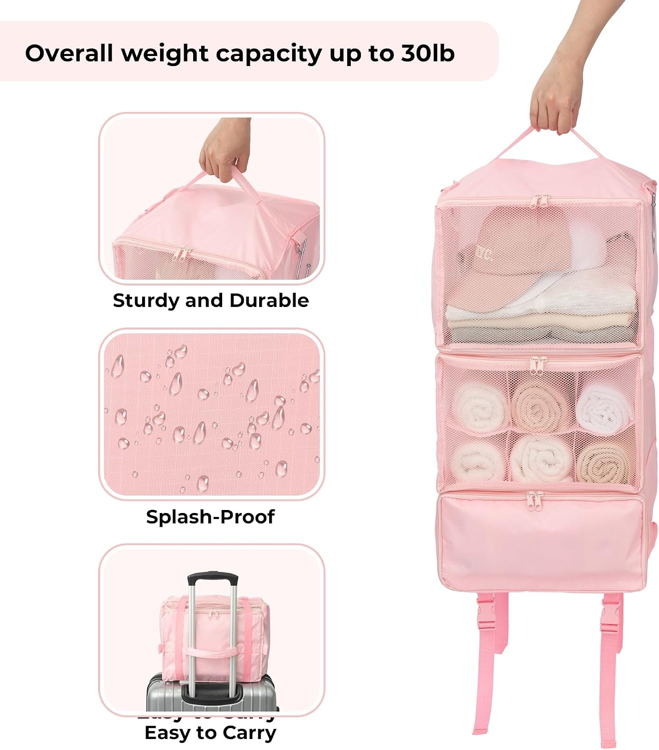 image:imageGRANNY SAYS Hanging Packing Cubes for Travel Large Portable Hanging Suitcase Organizer Foldable Compression Luggage Organizer Bags for Clothes Carry on Closet Suitcase XLBlue Travel ShelvesPink