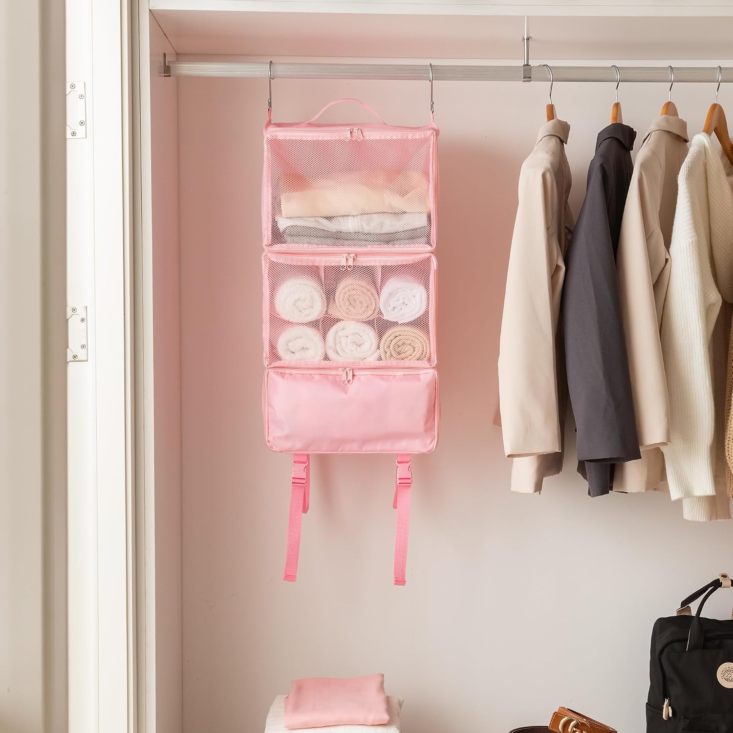 image:imageGRANNY SAYS Hanging Packing Cubes for Travel Large Portable Hanging Suitcase Organizer Foldable Compression Luggage Organizer Bags for Clothes Carry on Closet Suitcase XLBlue Travel ShelvesPink