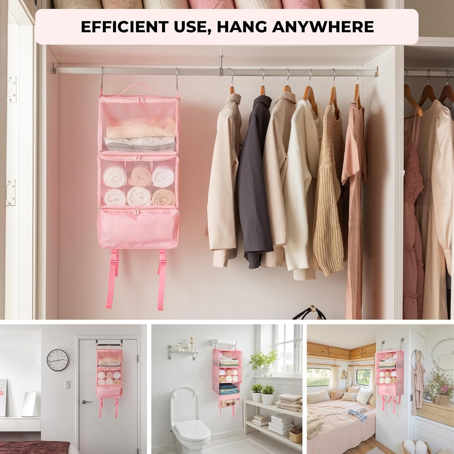 image:imageGRANNY SAYS Hanging Packing Cubes for Travel Large Portable Hanging Suitcase Organizer Foldable Compression Luggage Organizer Bags for Clothes Carry on Closet Suitcase XLBlue Travel ShelvesPink