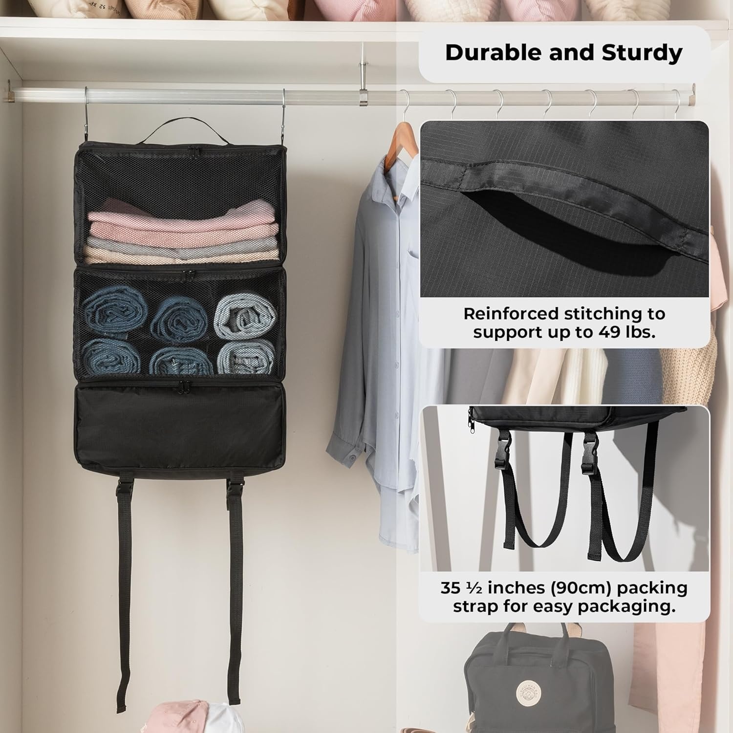 image:imageGRANNY SAYS Hanging Packing Cubes for Travel Large Portable Hanging Suitcase Organizer Foldable Compression Luggage Organizer Bags for Clothes Carry on Closet Suitcase XLBlue Travel ShelvesBlack
