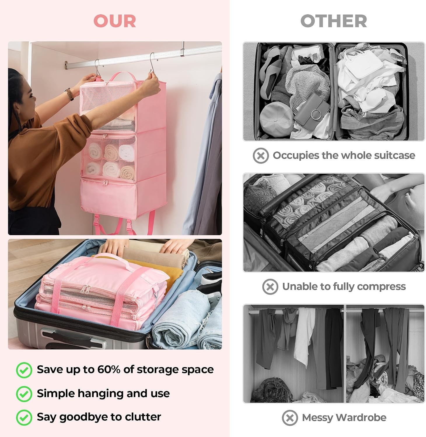 image:imageGRANNY SAYS Hanging Packing Cubes for Travel Large Portable Hanging Suitcase Organizer Foldable Compression Luggage Organizer Bags for Clothes Carry on Closet Suitcase XLBlue Travel ShelvesPink